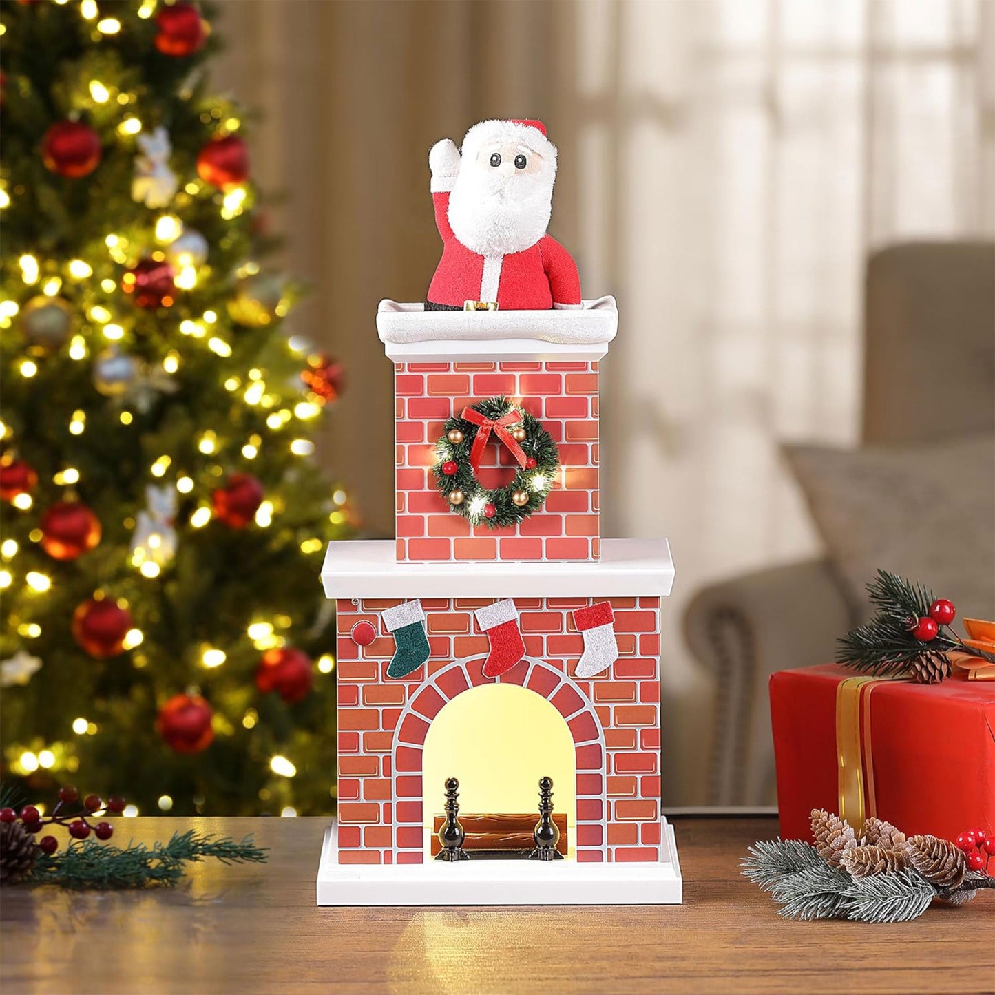 Mr. Christmas 18 Inch Animated Santa in Chimney with LED Lights and Music, White