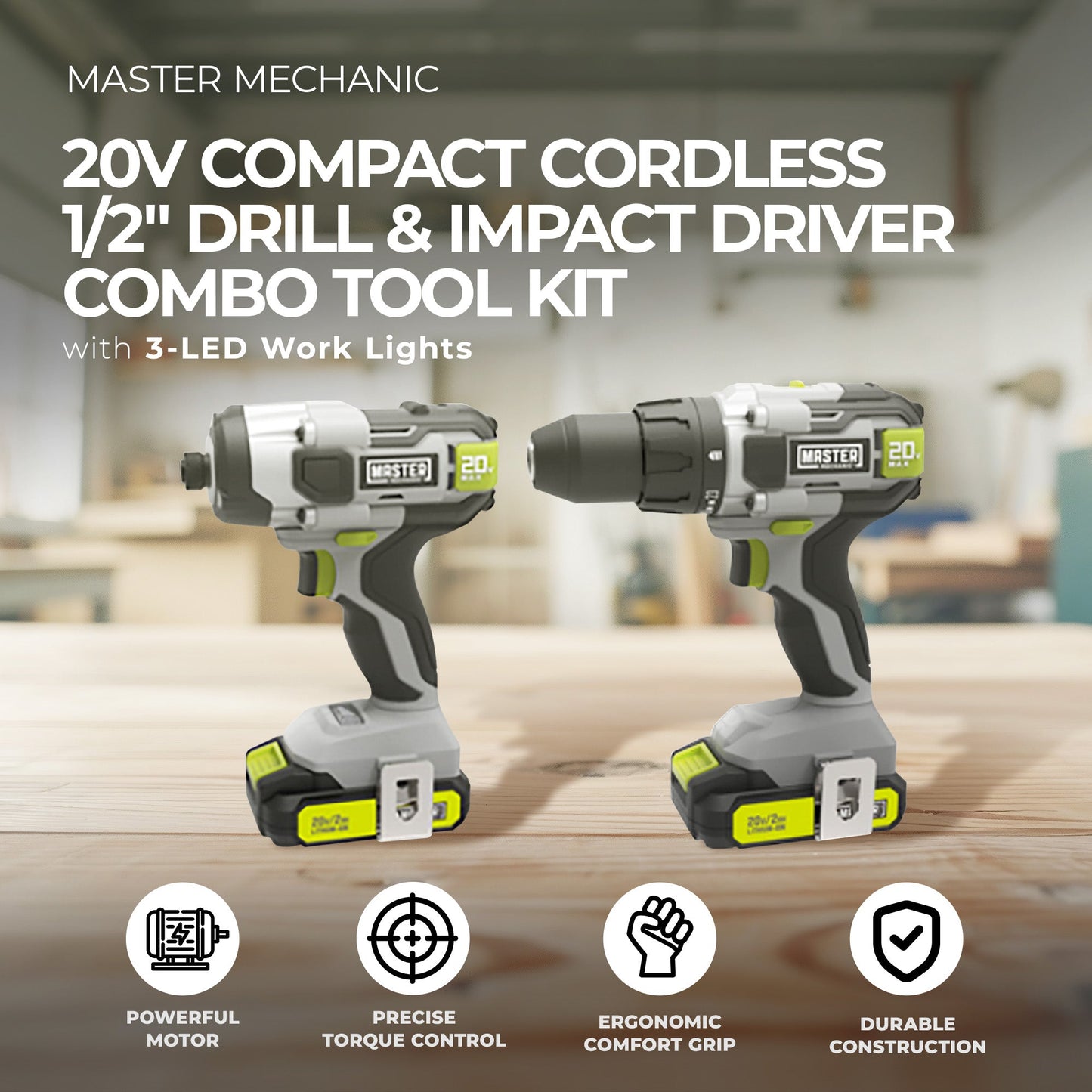 Master Mechanic 20V Compact Cordless 1/2" Drill and Impact Driver Combo Tool Kit