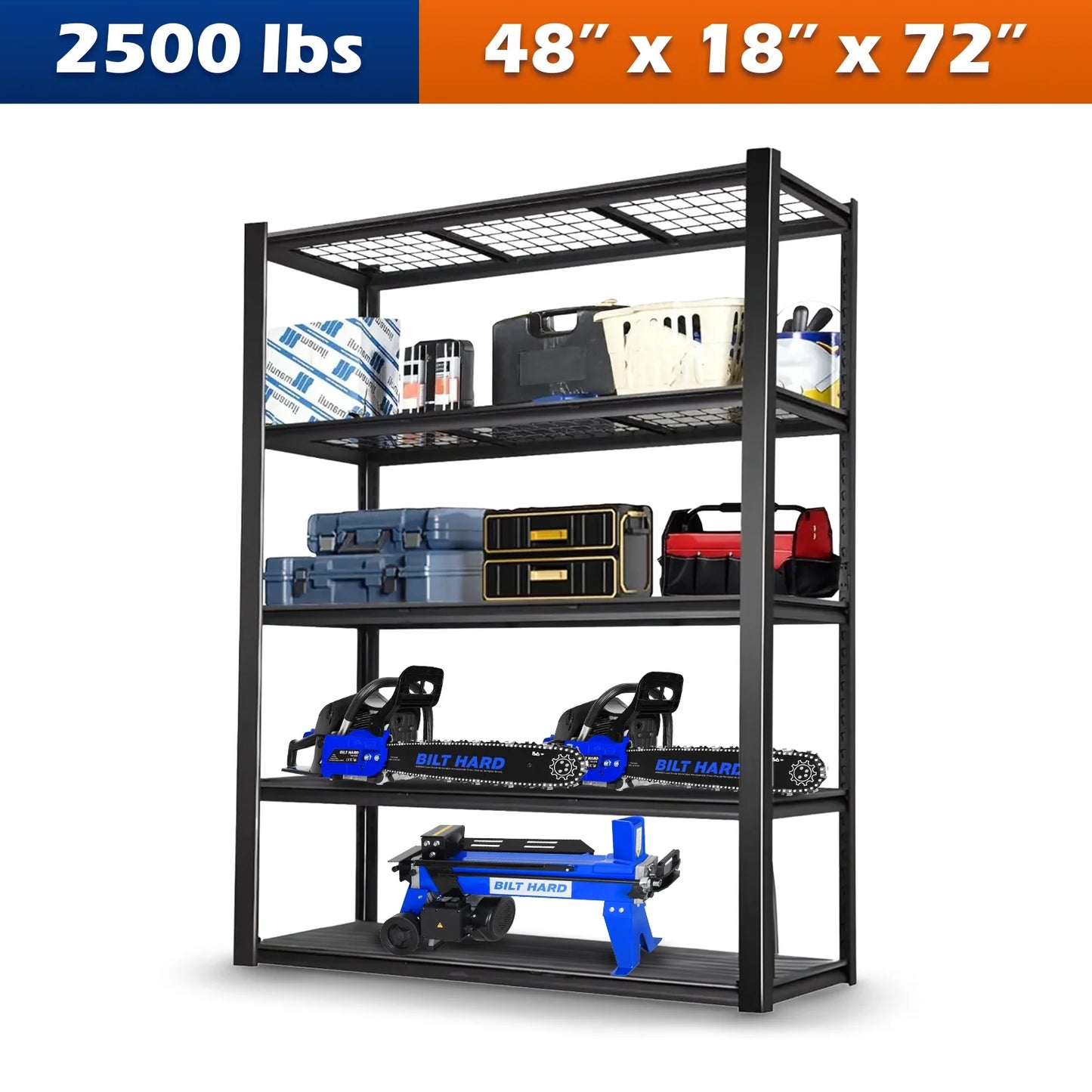 2500LBS 48" W x 18" D x 72" H Heavy Duty Garage Shelving, Adjustable 5-Tier Storage Shelves, Industrial Metal Shelving Units, Steel Organizer Wire Rack, Black