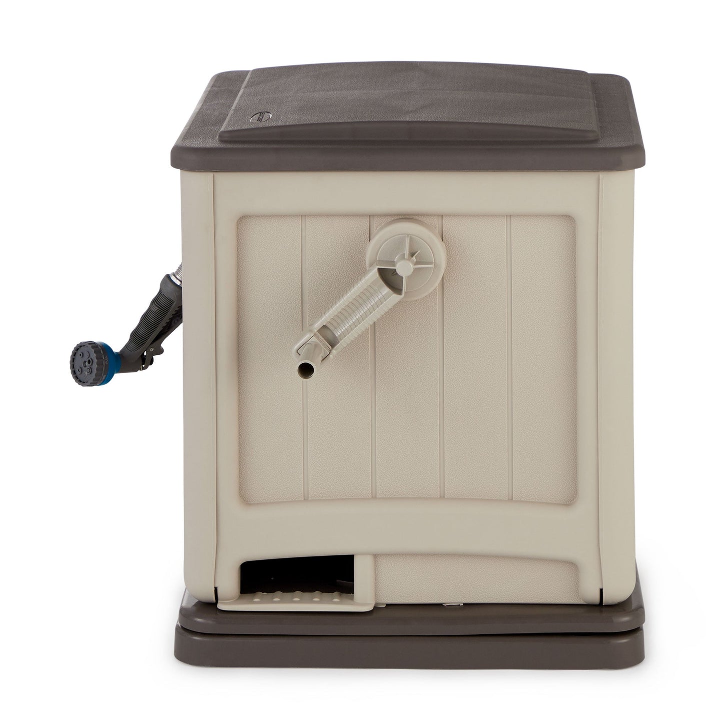 Suncast Swivel Smart Trak Hose Hideaway 225 Foot Hose Reel Storage Bin, Taupe