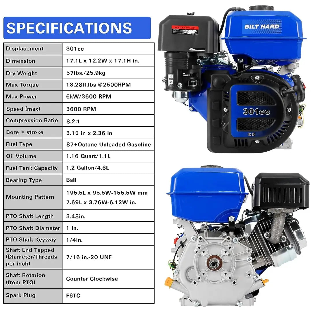 BILT HARD 301cc 10HP Gas Powered Engine, Horizontal 4 Stroke OHV Gas Motor, Shaft 1" Diameter, 3.48" Length, 1/4" Keyway, Replacement for Compressor, Log Splitter