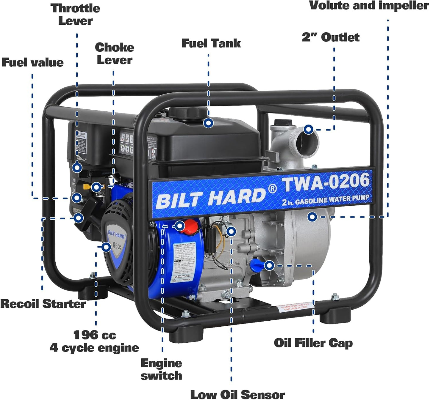 BILT HARD Semi Trash Pump 2 inch, 158 GPM 6.5HP Gas Powered Water Pump, 196cc 4-Cycle Engine with 50 ft Discharge Hose, 12 ft Suction Hose and Complete Fittings, EPA Certified