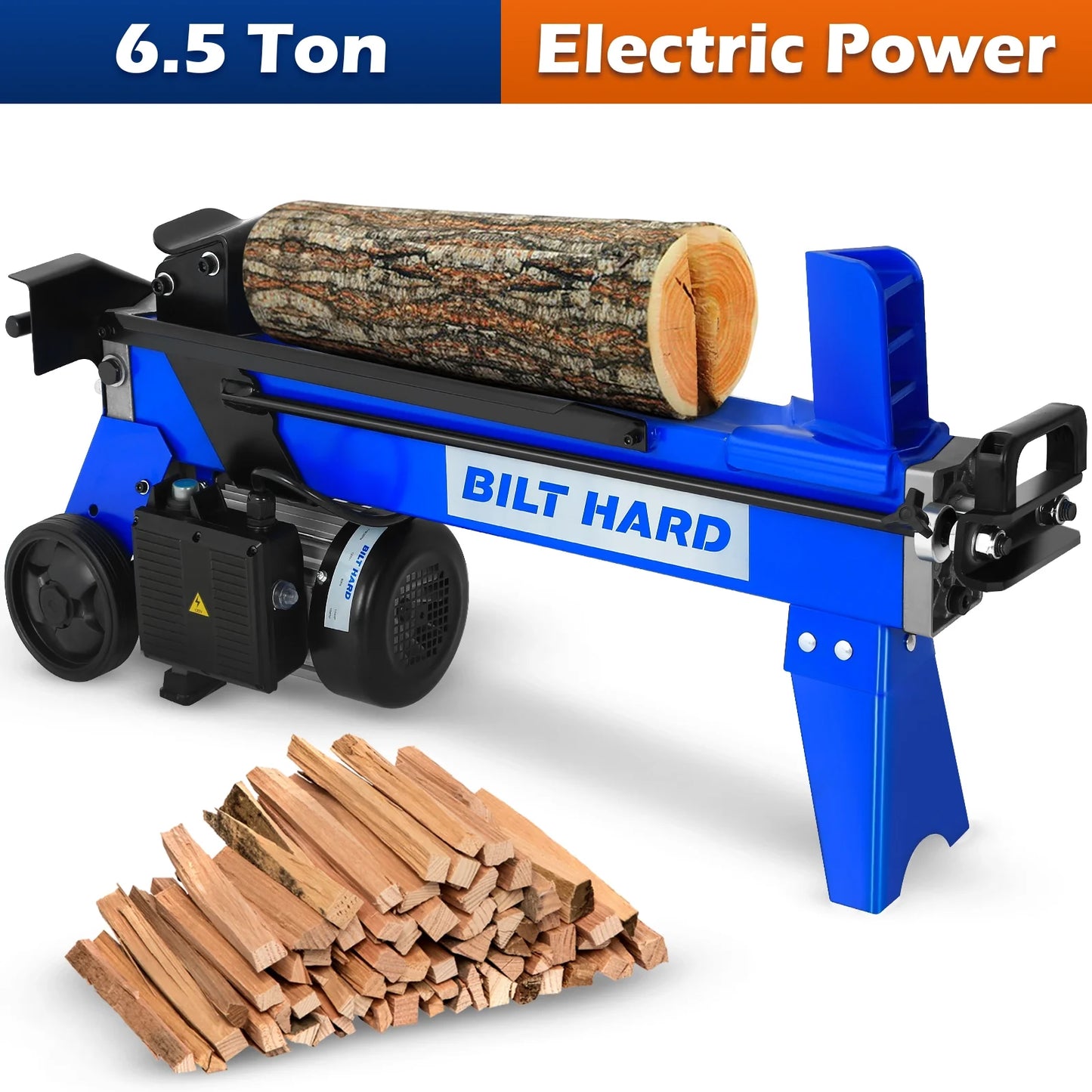 BILT HARD Log Splitter 6.5 Ton, Wood Splitter Electric Powered 15Amp, with Hydraulic Ram, Electric Firewood Splitting Machine, Horizontal