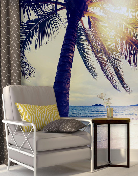 Beach Palm Tree Coastline Sunset Wall Mural #6040