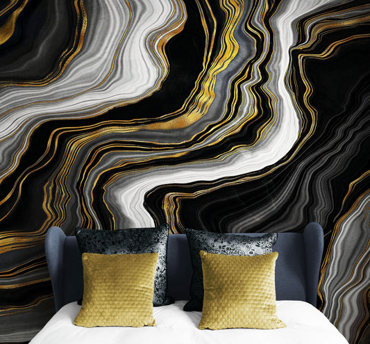 Black and Gold Abstract Marble Stone Pattern Peel and Stick Wallpaper. #6146