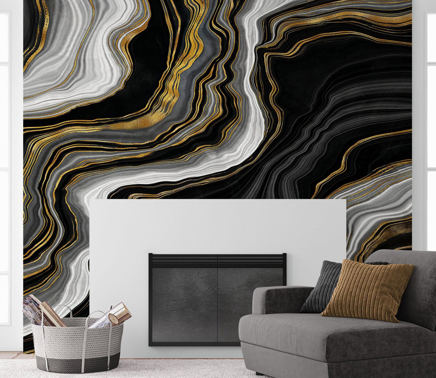 Black and Gold Abstract Marble Stone Pattern Peel and Stick Wallpaper. #6146