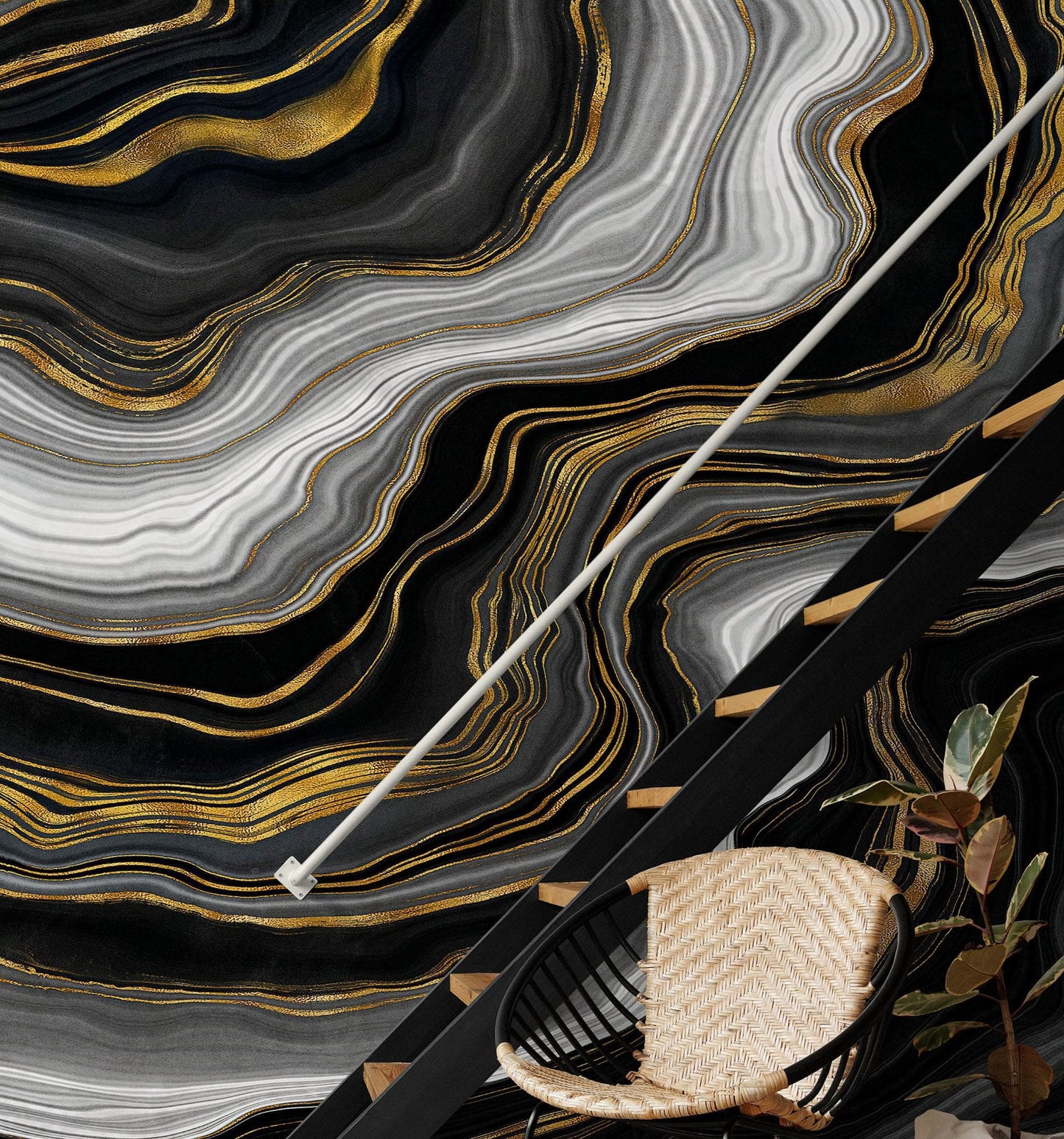 Black and Gold Abstract Marble Stone Pattern Peel and Stick Wallpaper. #6146