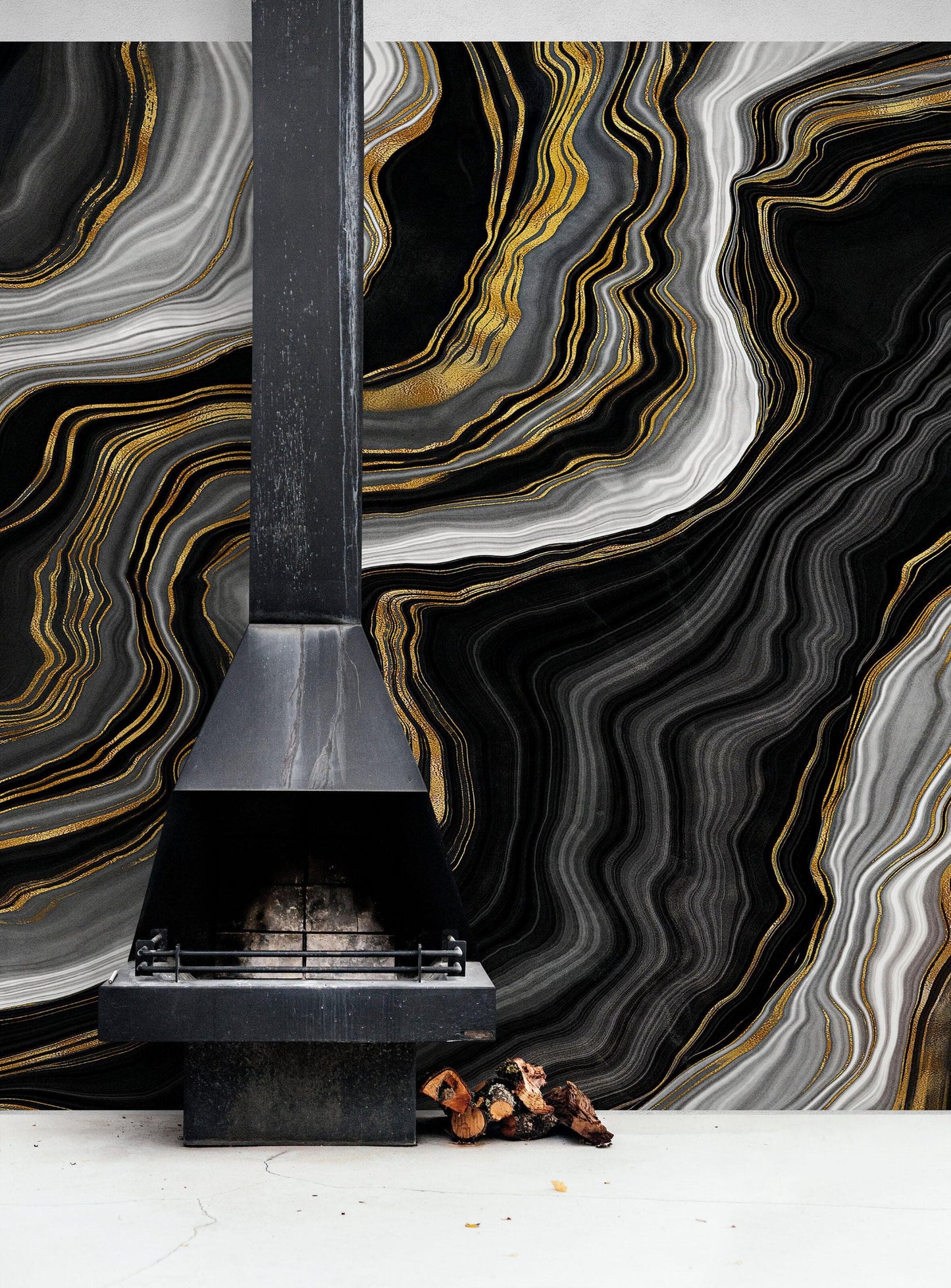 Black and Gold Abstract Marble Stone Pattern Peel and Stick Wallpaper. #6146