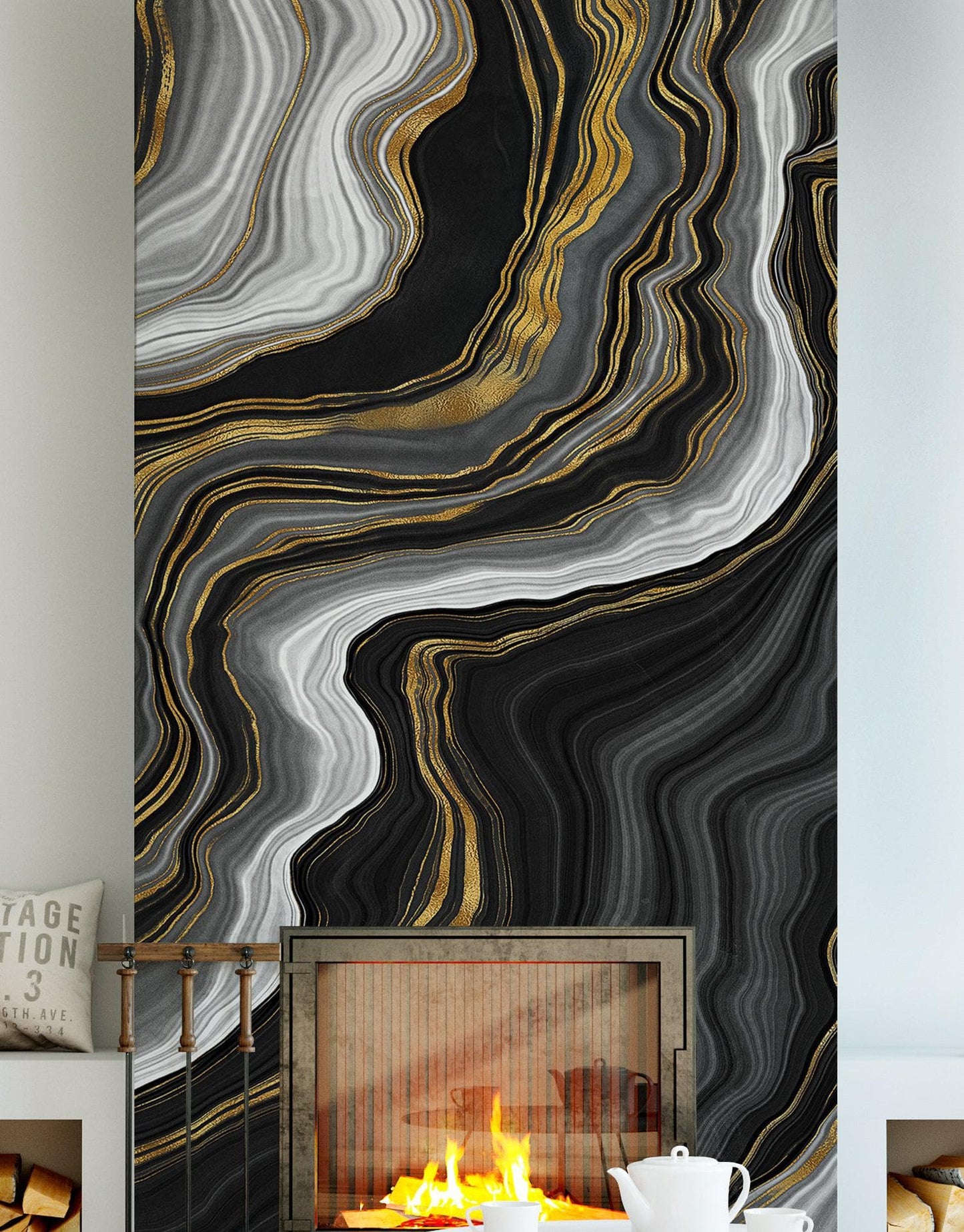 Black and Gold Abstract Marble Stone Pattern Peel and Stick Wallpaper. #6146