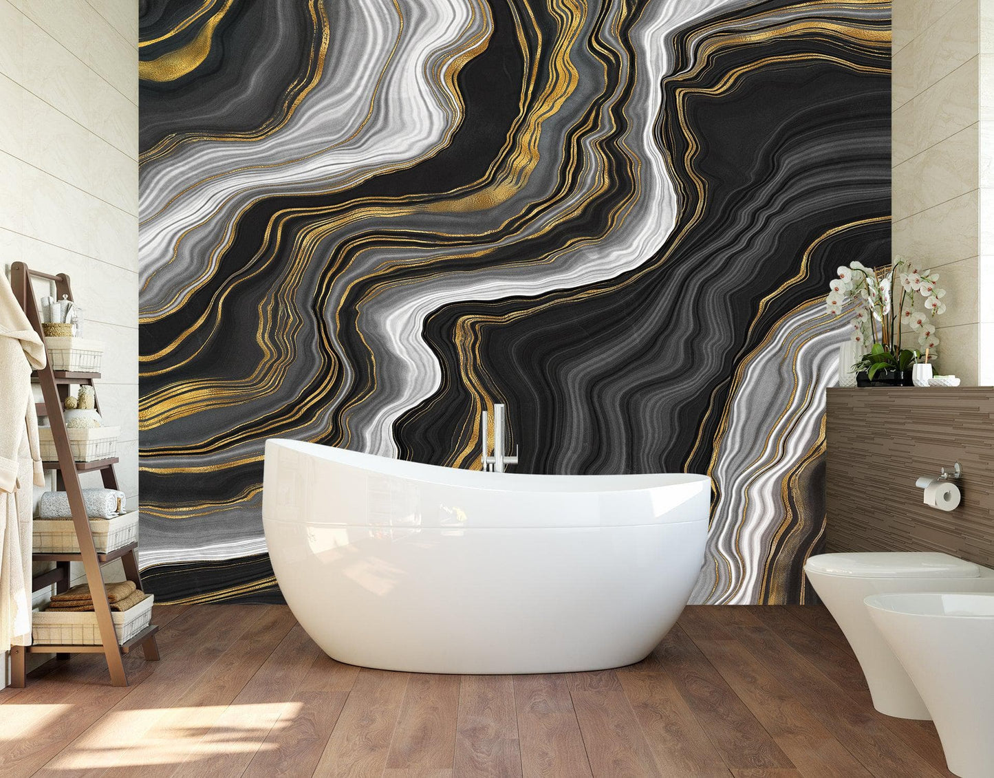 Black and Gold Abstract Marble Stone Pattern Peel and Stick Wallpaper. #6146