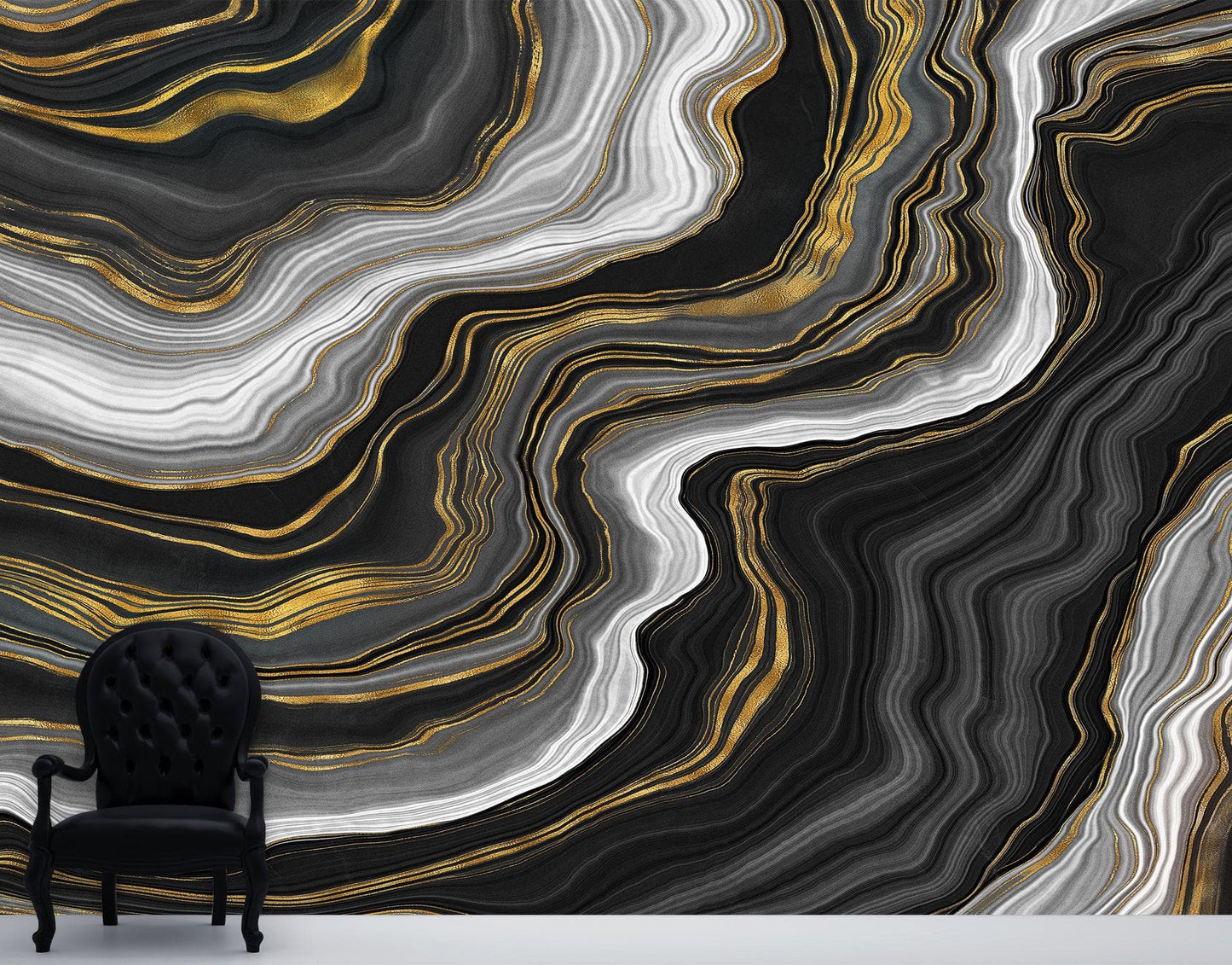 Black and Gold Abstract Marble Stone Pattern Peel and Stick Wallpaper. #6146