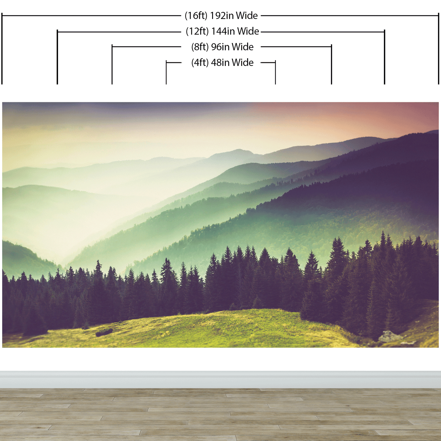 Colorful Foggy Mountain Forest View Wall Mural | Peel and Stick Wallpaper. #6159