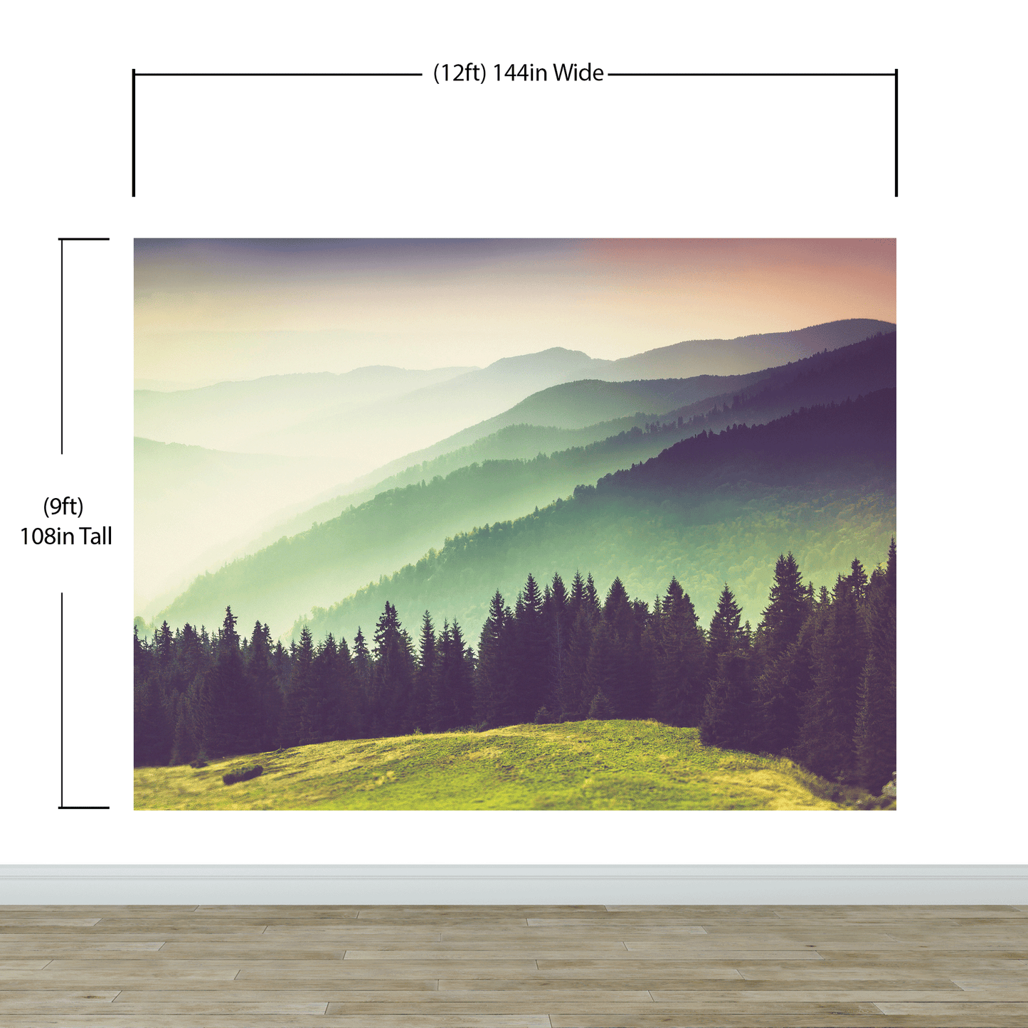 Colorful Foggy Mountain Forest View Wall Mural | Peel and Stick Wallpaper. #6159