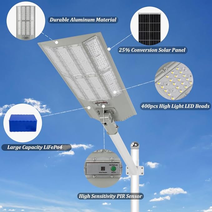 8000W Aluminum Frame Solar Street Lights Outdoor Motion Sensor, Dusk to Dawn 200000LM with Remote Control