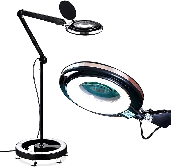 Magnifying Floor Lamp with 5 Wheels Rolling Base, 2.25X Magnifier with LED Light, 2-in-1