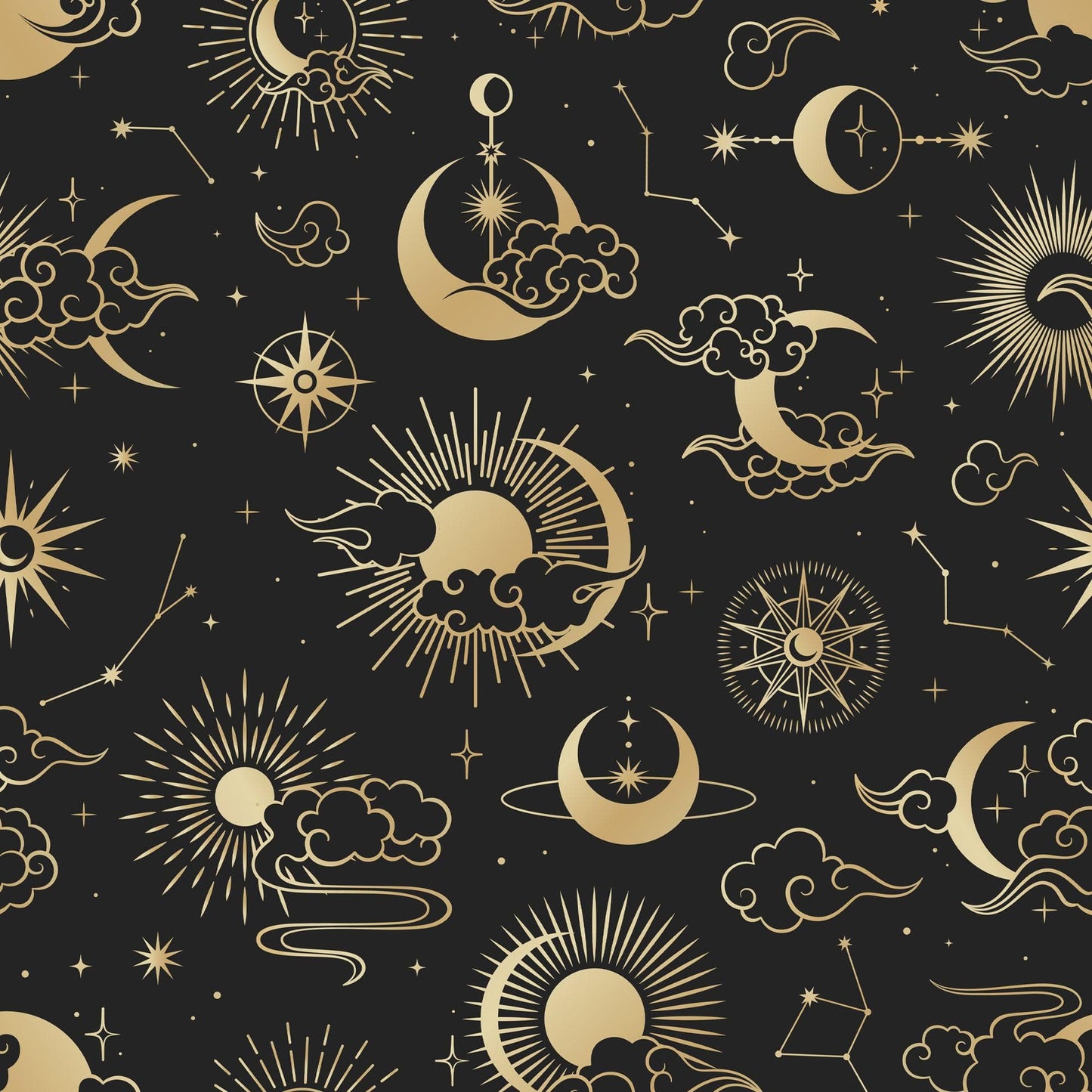 Astronomy Pattern Peel and Stick Wallpaper. Stars, Sun, Moon and Cloud. Removable Wall Mural #6208