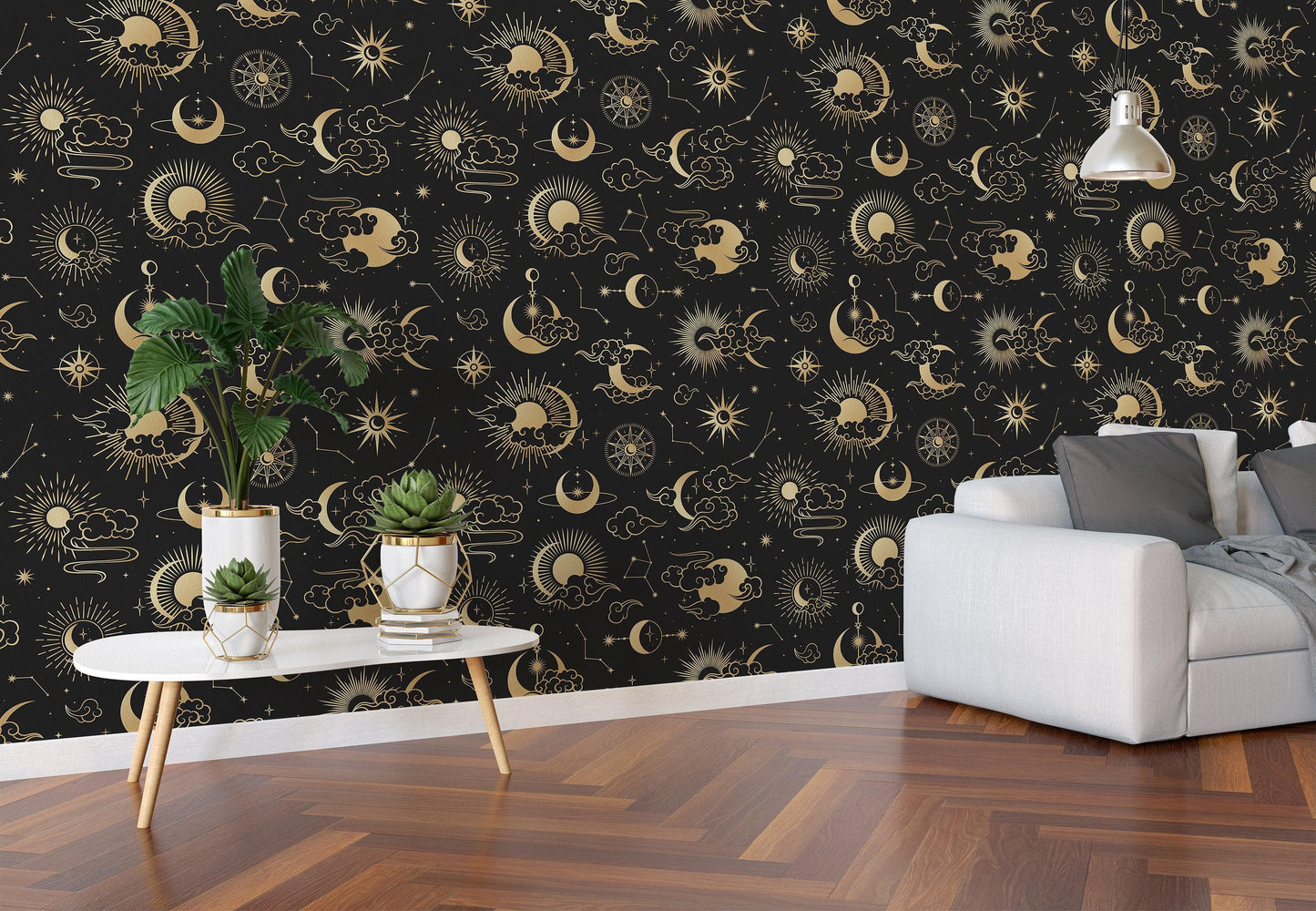 Astronomy Pattern Peel and Stick Wallpaper. Stars, Sun, Moon and Cloud. Removable Wall Mural #6208