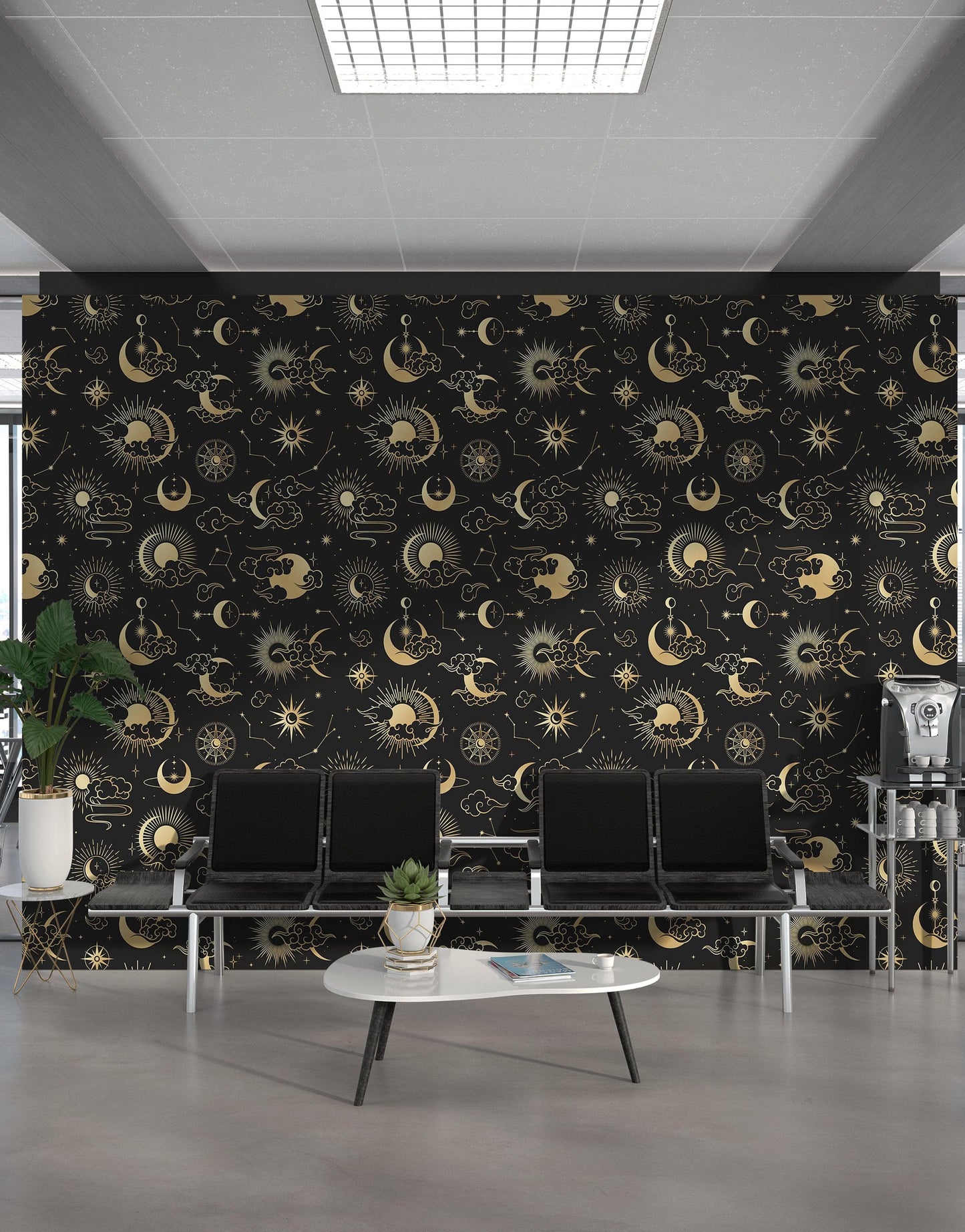 Astronomy Pattern Peel and Stick Wallpaper. Stars, Sun, Moon and Cloud. Removable Wall Mural #6208