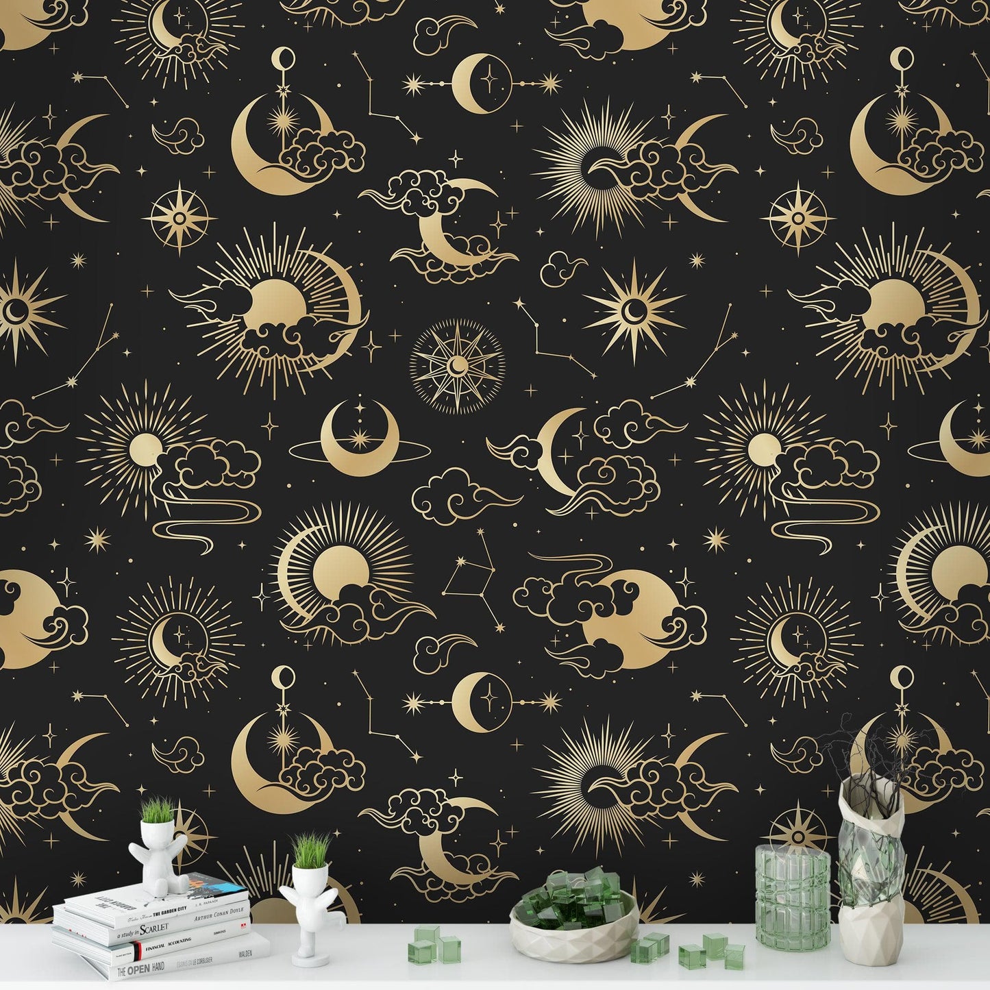 Astronomy Pattern Peel and Stick Wallpaper. Stars, Sun, Moon and Cloud. Removable Wall Mural #6208