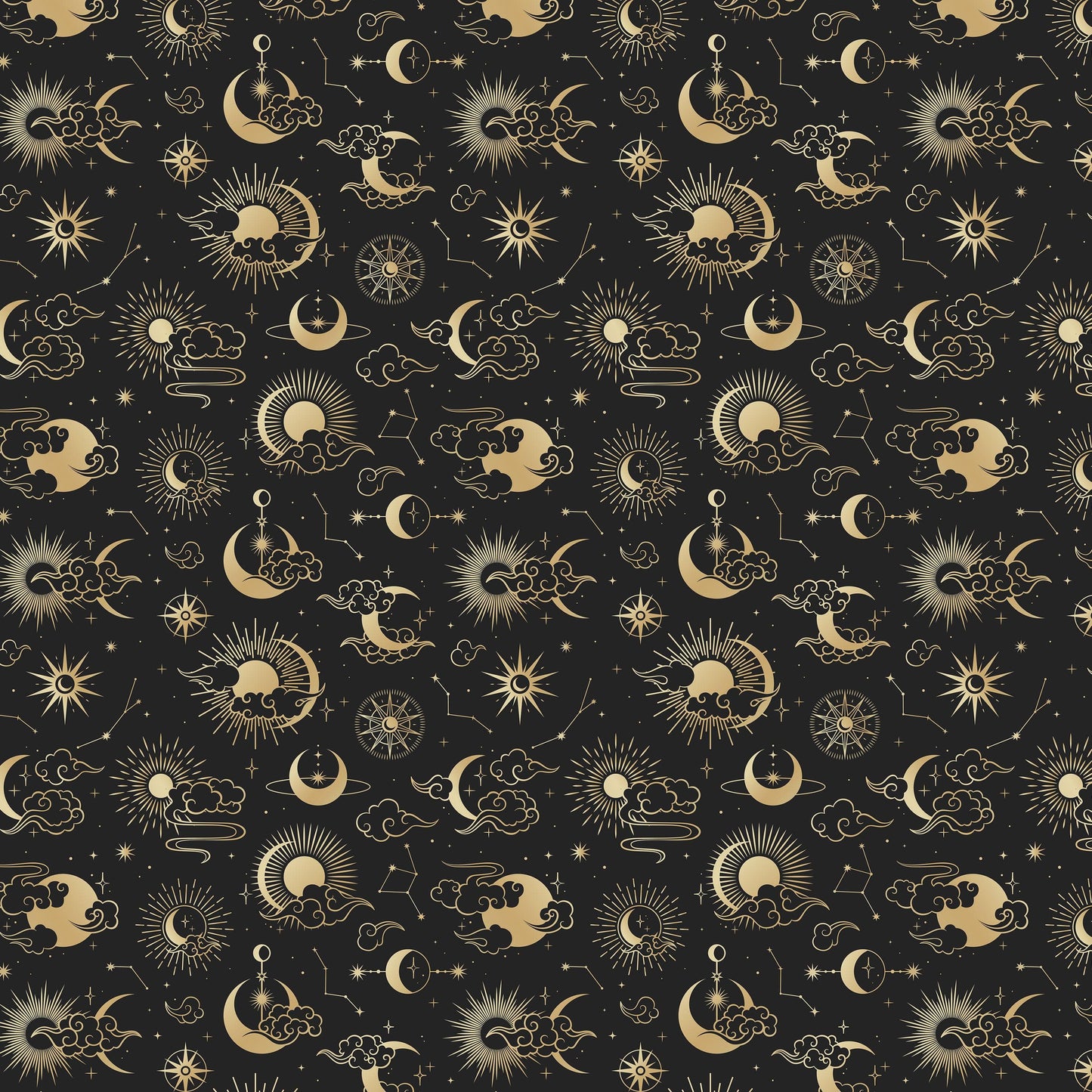 Astronomy Pattern Peel and Stick Wallpaper. Stars, Sun, Moon and Cloud. Removable Wall Mural #6208