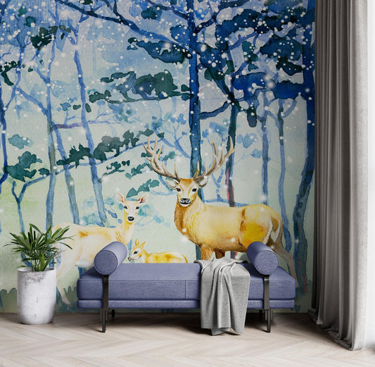 Deer Family in Snow Forest Peel and Stick Wallpaper | Removable Wall Mural. #6218