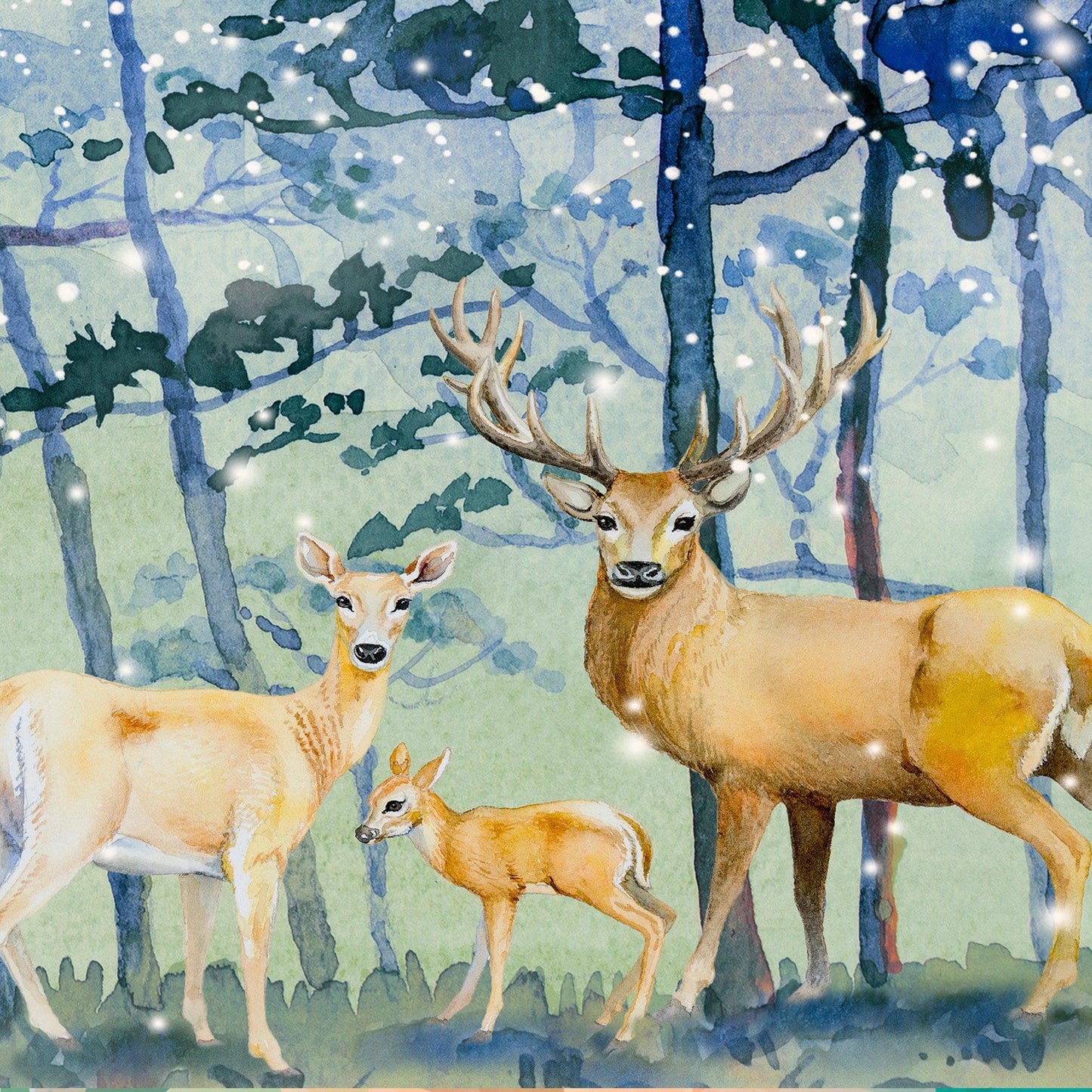 Deer Family in Snow Forest Peel and Stick Wallpaper | Removable Wall Mural. #6218