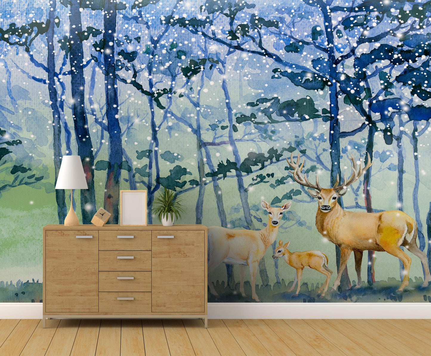 Deer Family in Snow Forest Peel and Stick Wallpaper | Removable Wall Mural. #6218