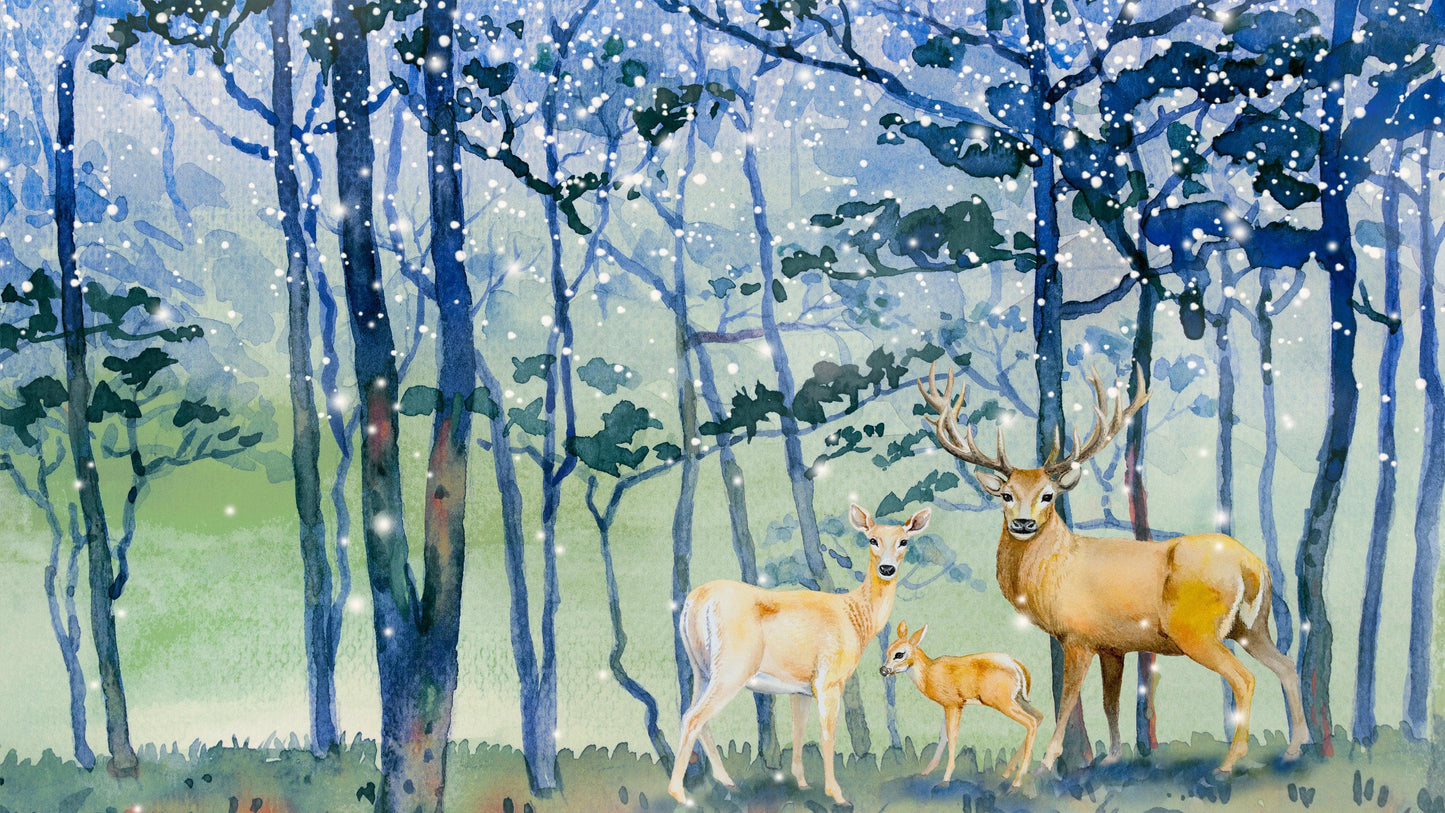 Deer Family in Snow Forest Peel and Stick Wallpaper | Removable Wall Mural. #6218