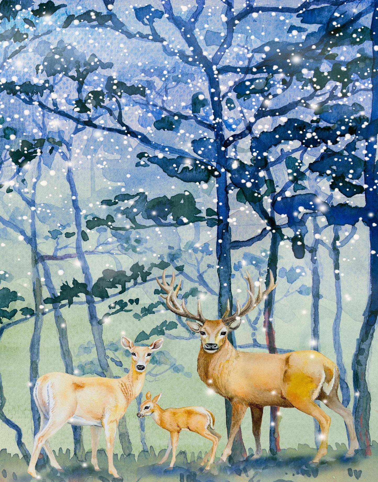 Deer Family in Snow Forest Peel and Stick Wallpaper | Removable Wall Mural. #6218