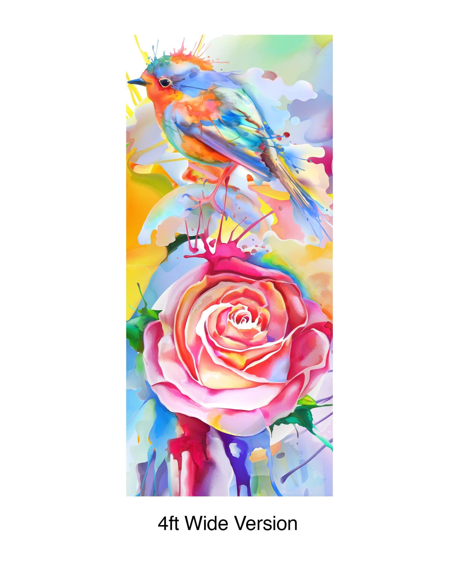 Colorful Bird and Roses Flower Watercolor Artwork Wall Mural. Removable Peel and Stick Wall Mural. #6275