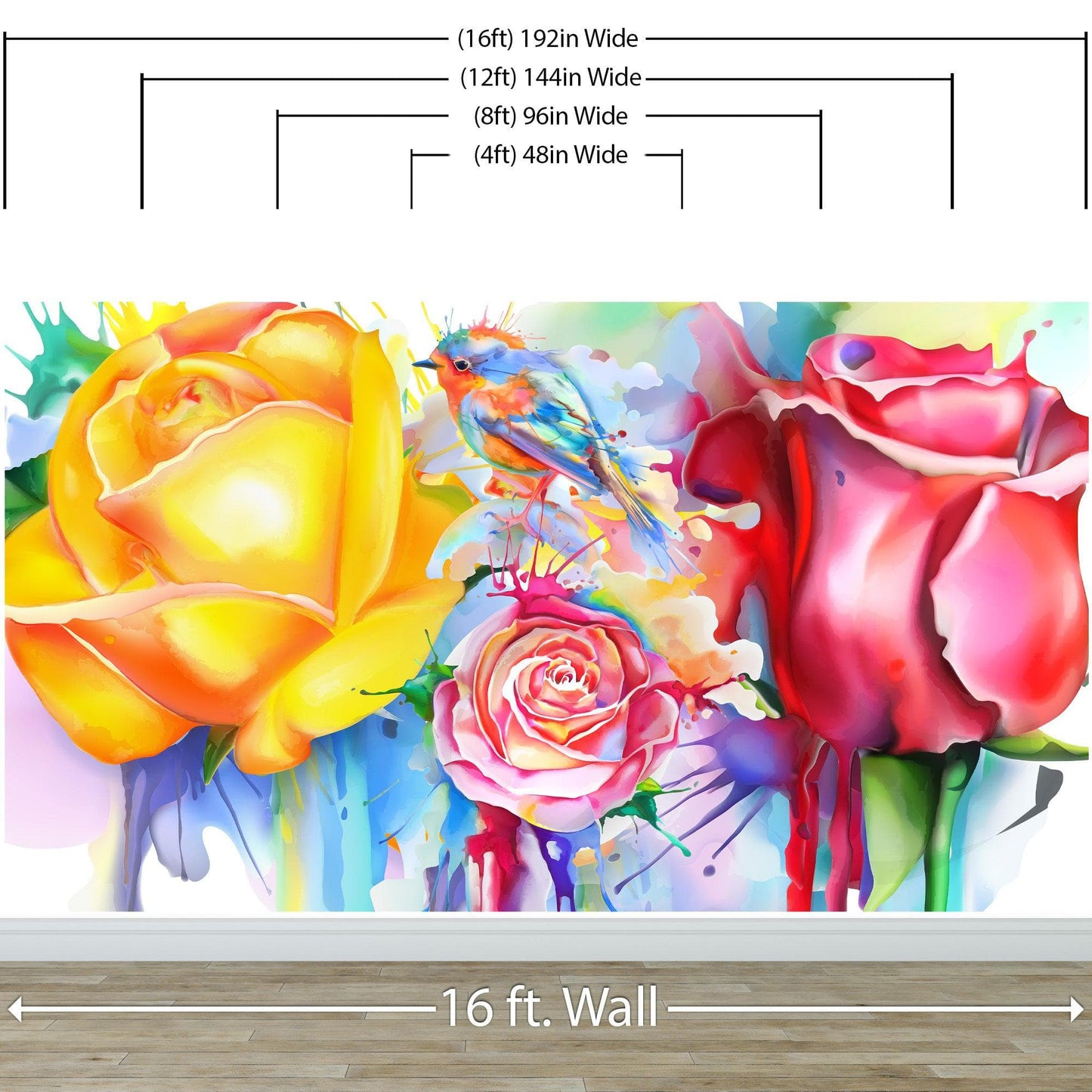 Colorful Bird and Roses Flower Watercolor Artwork Wall Mural. Removable Peel and Stick Wall Mural. #6275