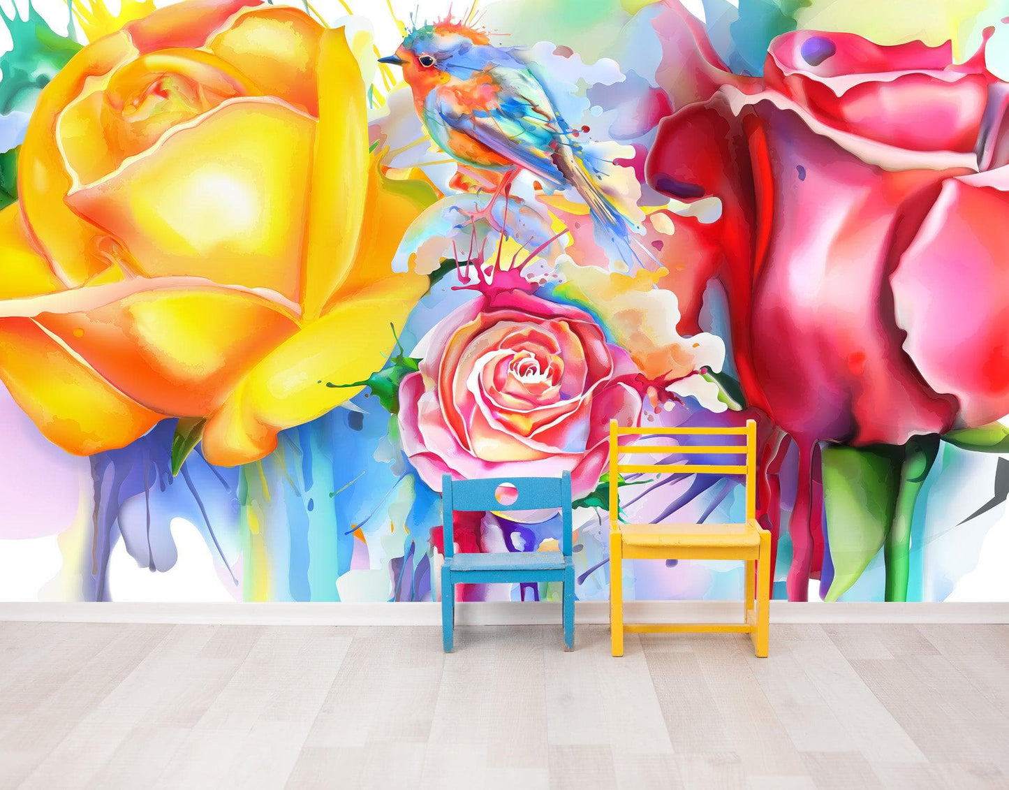 Colorful Bird and Roses Flower Watercolor Artwork Wall Mural. Removable Peel and Stick Wall Mural. #6275