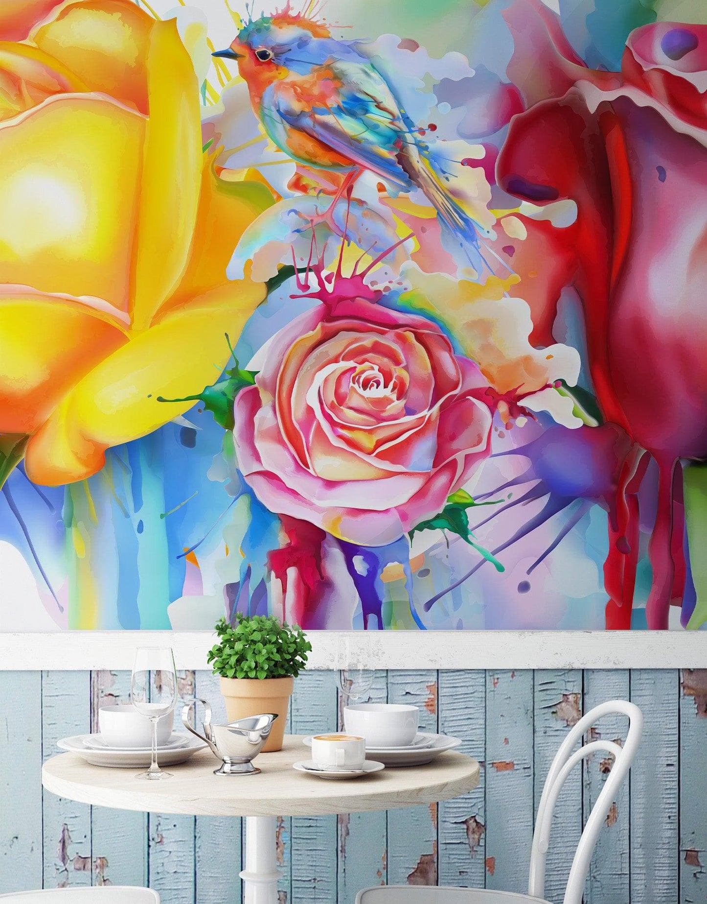 Colorful Bird and Roses Flower Watercolor Artwork Wall Mural. Removable Peel and Stick Wall Mural. #6275