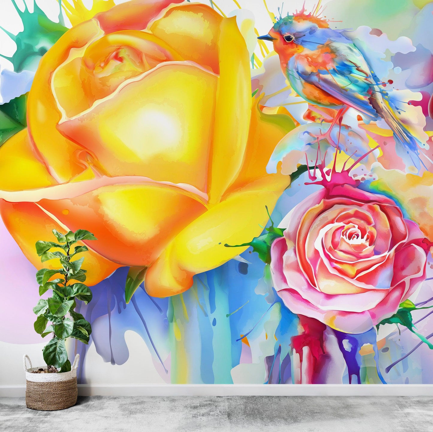 Colorful Bird and Roses Flower Watercolor Artwork Wall Mural. Removable Peel and Stick Wall Mural. #6275