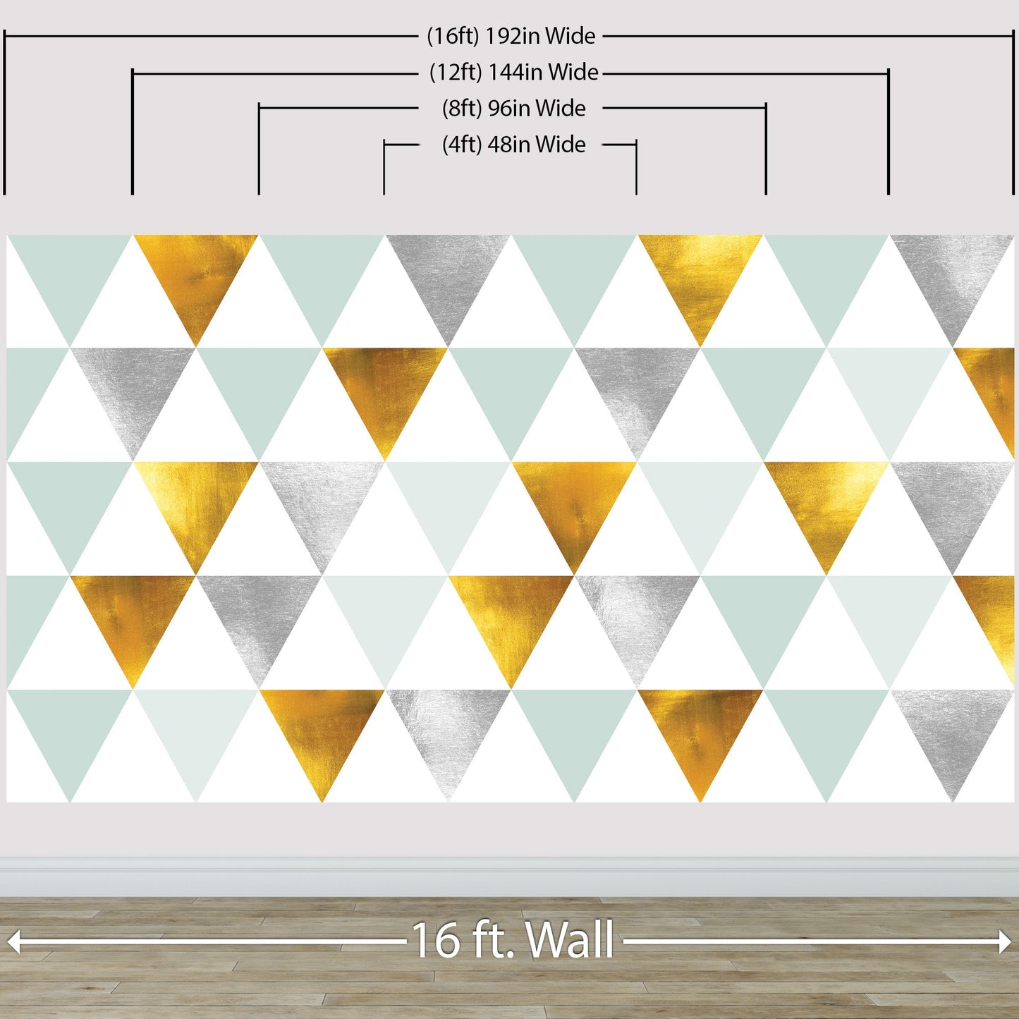 Triangle Geometric Abstract Pattern Wall Mural. Gold, Silver, Teal, Turquoise and White Color Pattern. #6306