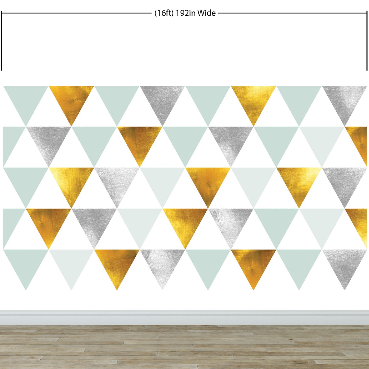 Triangle Geometric Abstract Pattern Wall Mural. Gold, Silver, Teal, Turquoise and White Color Pattern. #6306