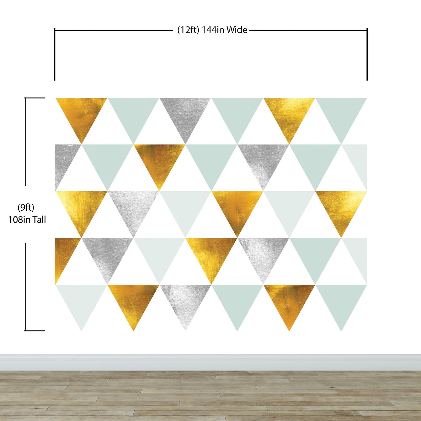 Triangle Geometric Abstract Pattern Wall Mural. Gold, Silver, Teal, Turquoise and White Color Pattern. #6306