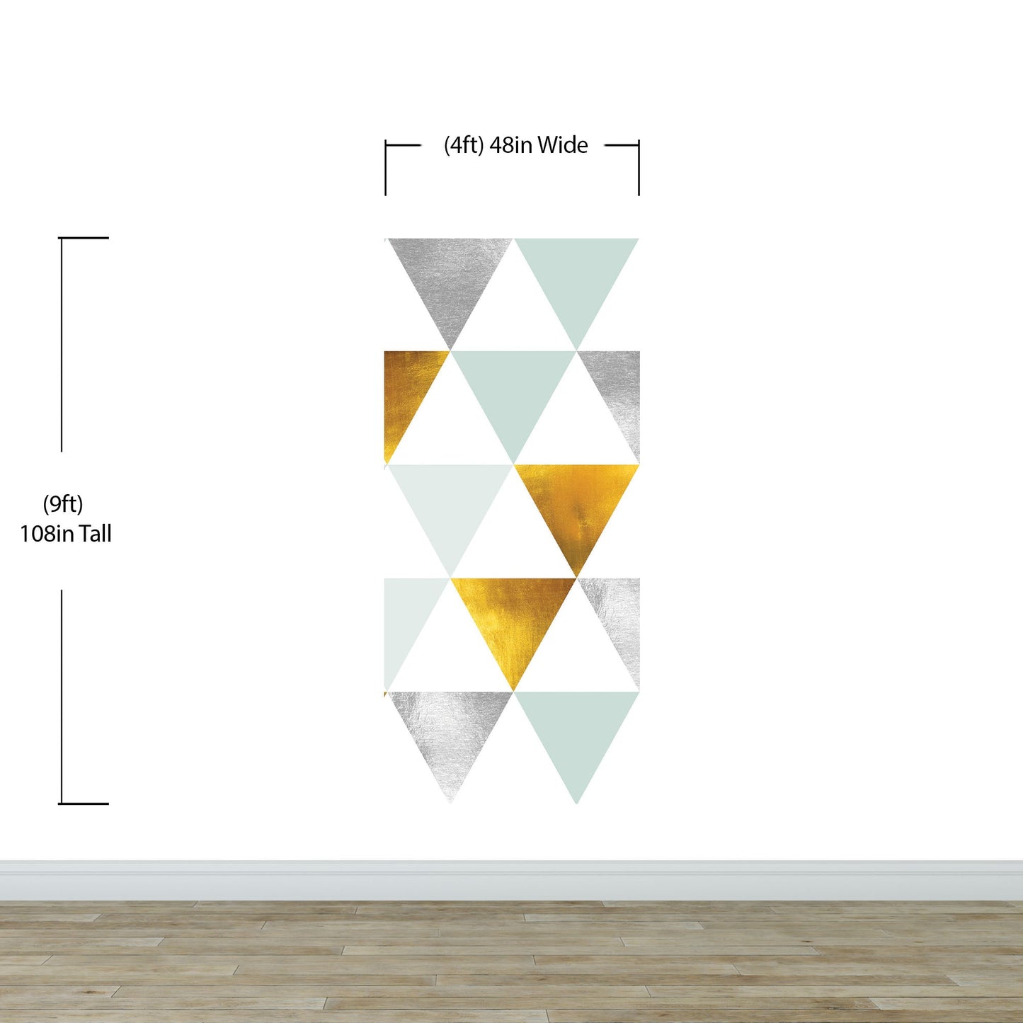 Triangle Geometric Abstract Pattern Wall Mural. Gold, Silver, Teal, Turquoise and White Color Pattern. #6306