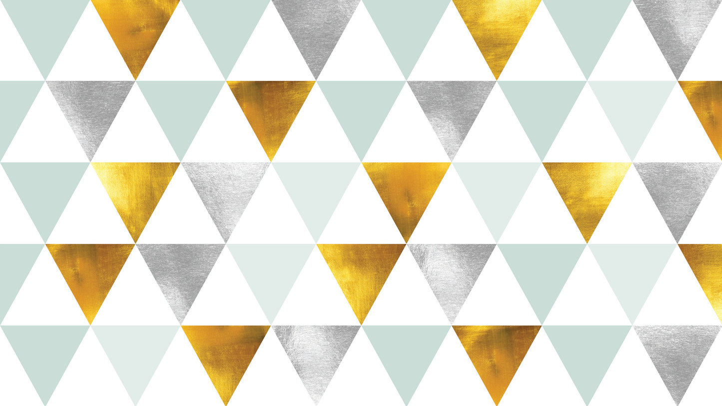 Triangle Geometric Abstract Pattern Wall Mural. Gold, Silver, Teal, Turquoise and White Color Pattern. #6306