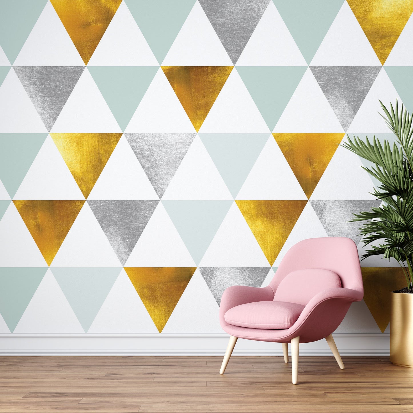 Triangle Geometric Abstract Pattern Wall Mural. Gold, Silver, Teal, Turquoise and White Color Pattern. #6306