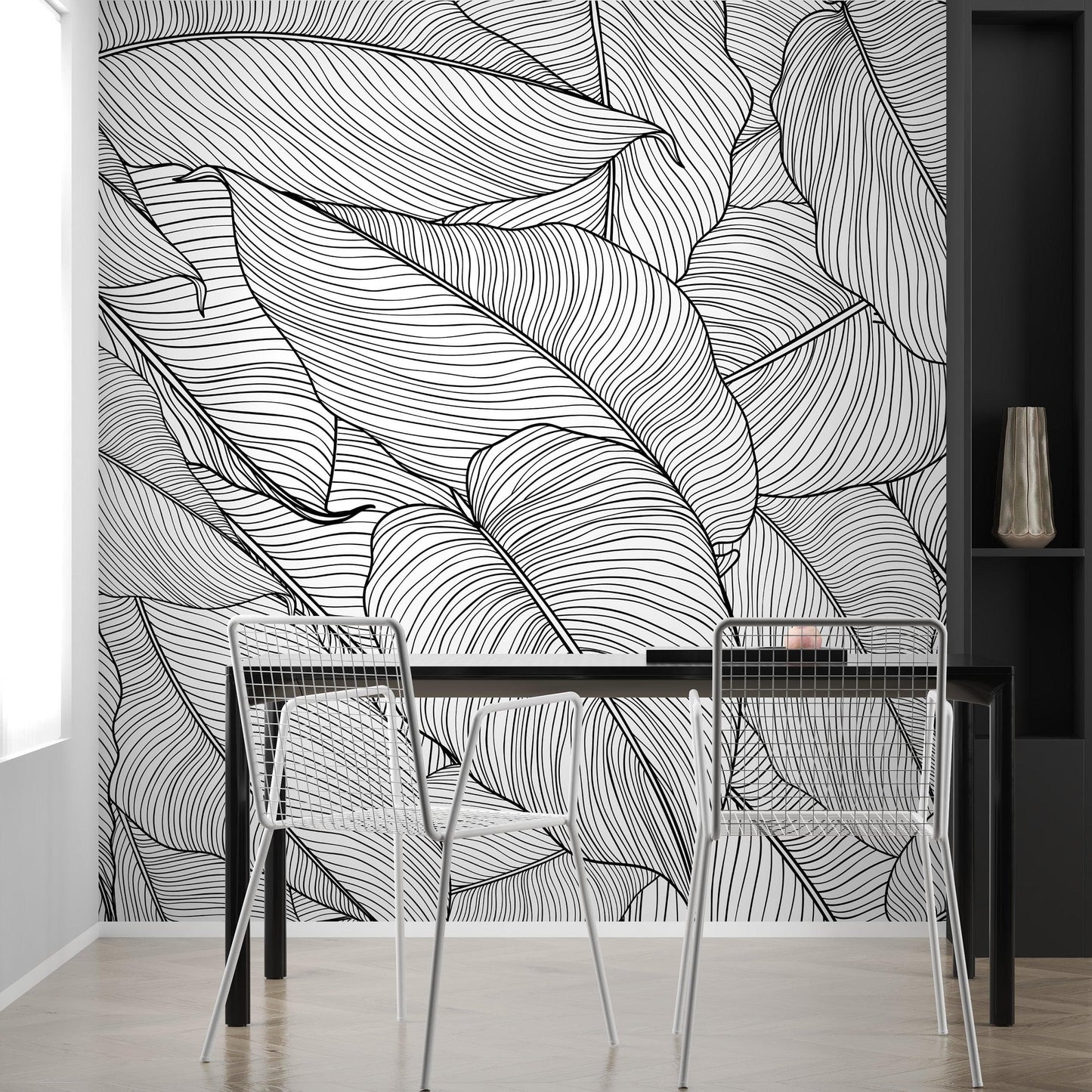 Banana Leaves Wallpaper, Palm Leaves Line Art Pattern Peel and Stick Wall Mural. #6330