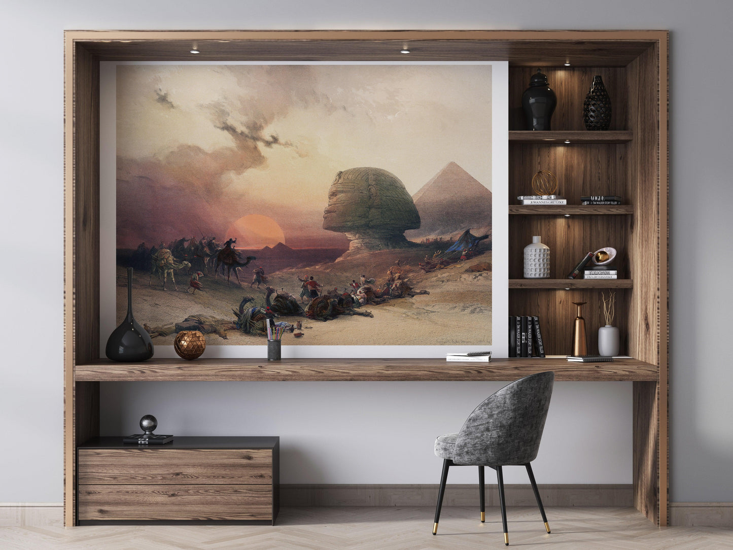 Ancient Egypt Pyramids Wall Mural. Approach of the Simoom Desert of Gizeh illustration by David Roberts. #6343