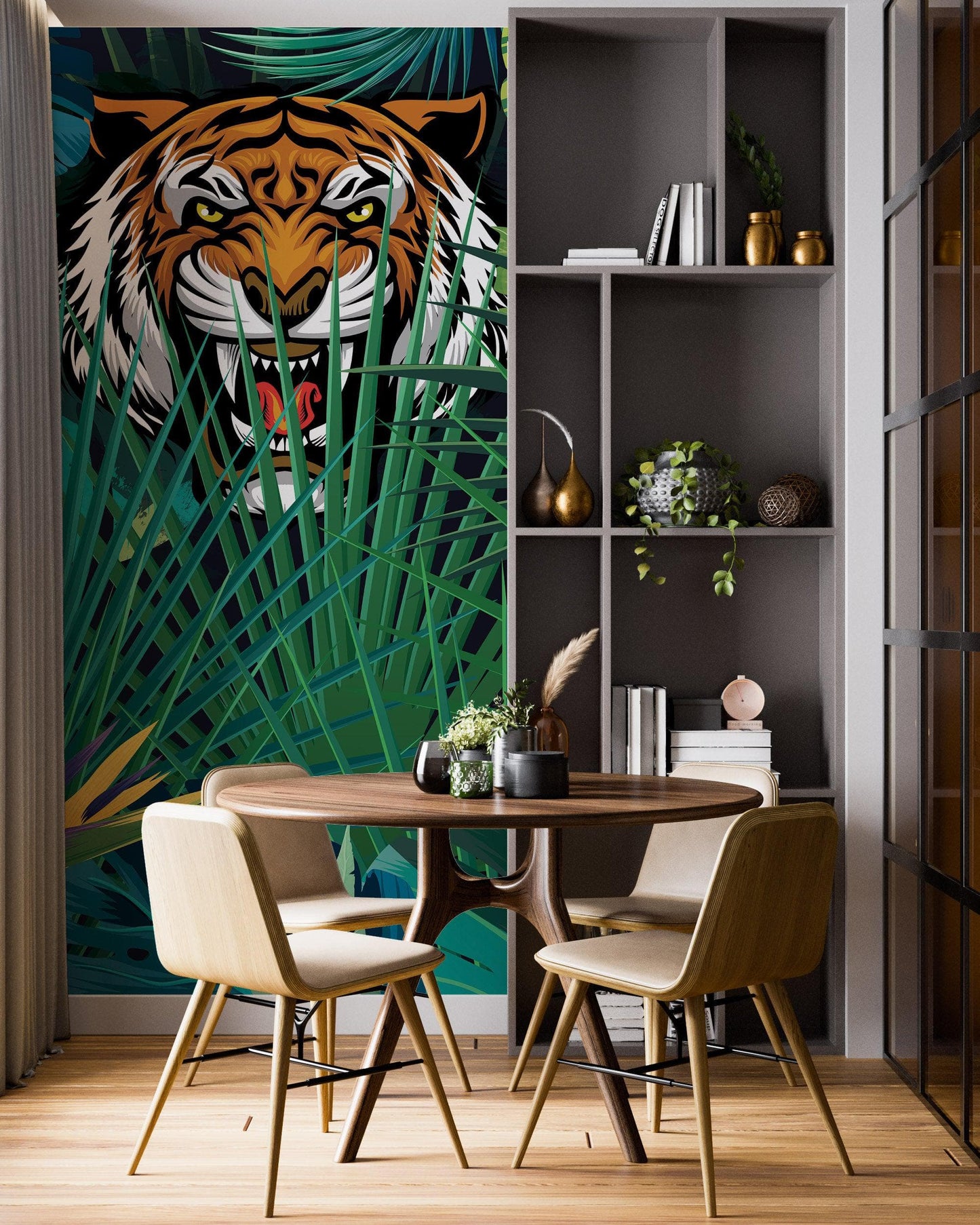 Hidden Tiger Behind Jungle Leaves Wall Mural. Peel and Stick Wallpaper. Safari Wildlife Illustration. #6351