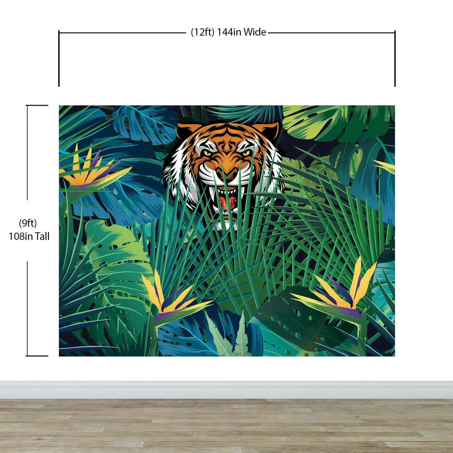 Hidden Tiger Behind Jungle Leaves Wall Mural. Peel and Stick Wallpaper. Safari Wildlife Illustration. #6351