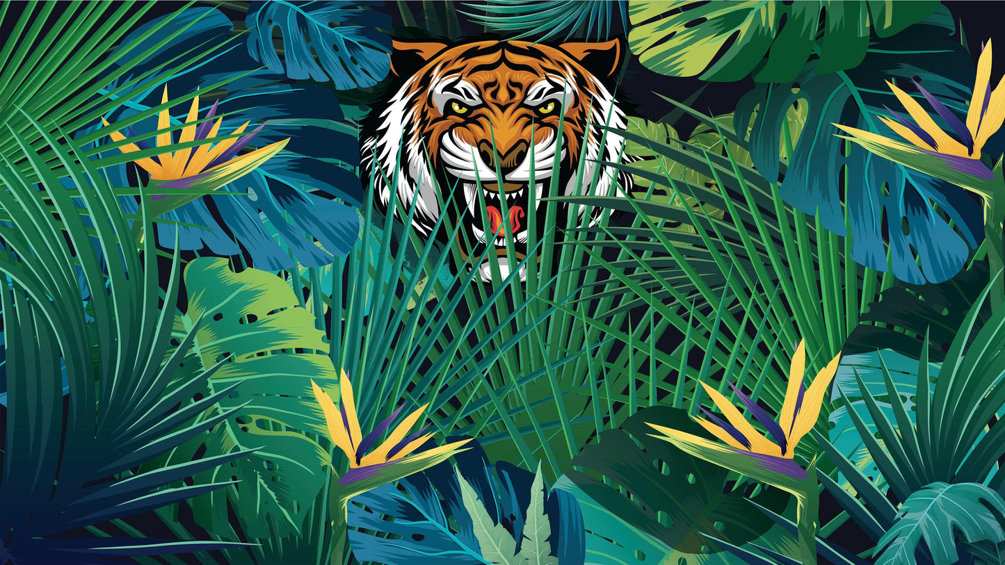 Hidden Tiger Behind Jungle Leaves Wall Mural. Peel and Stick Wallpaper. Safari Wildlife Illustration. #6351