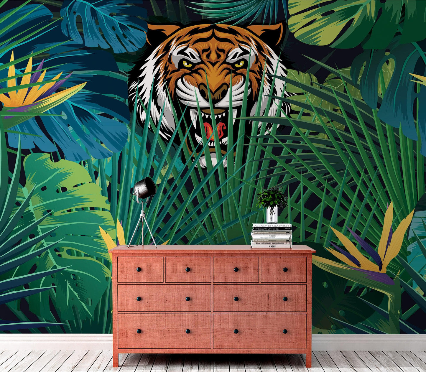 Hidden Tiger Behind Jungle Leaves Wall Mural. Peel and Stick Wallpaper. Safari Wildlife Illustration. #6351