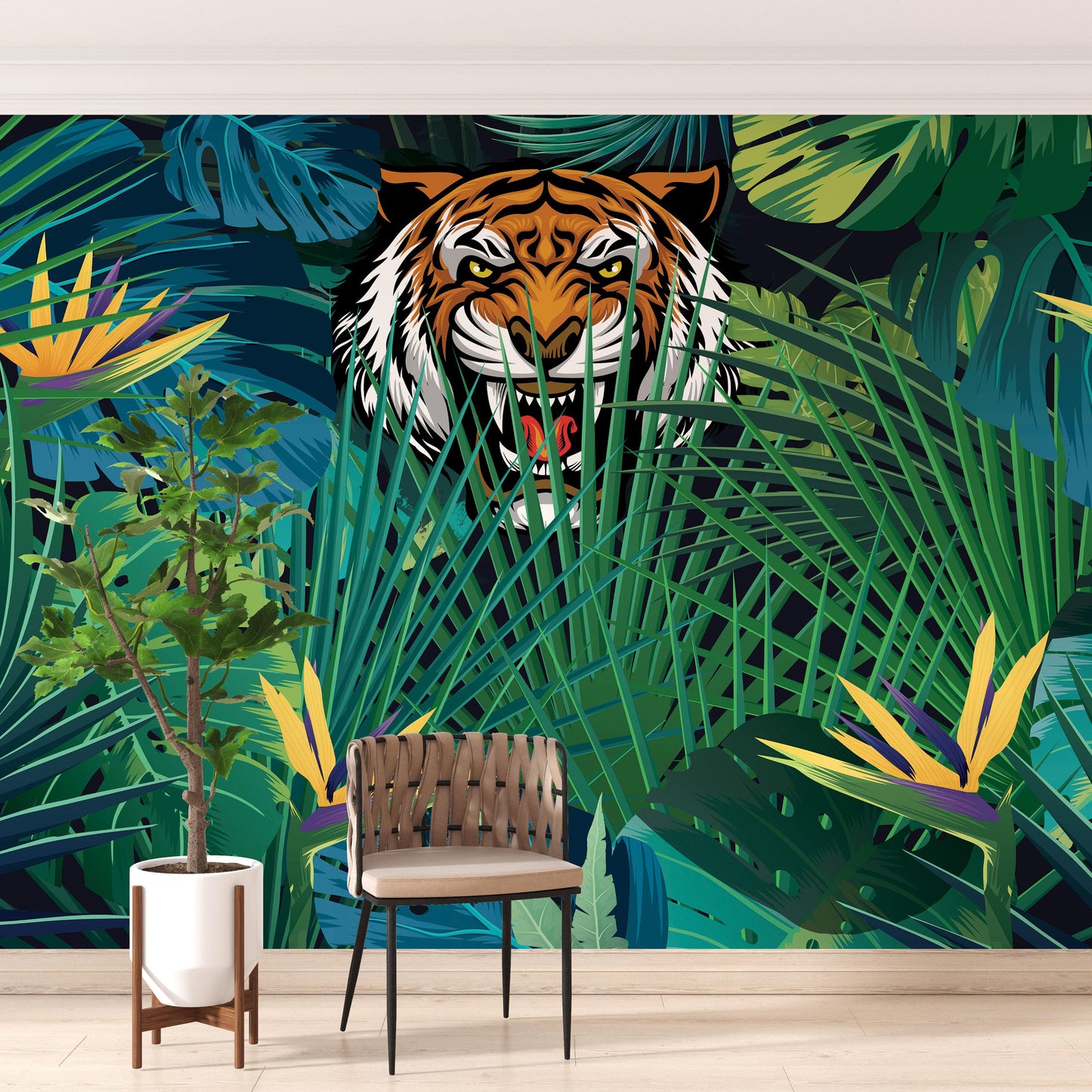 Hidden Tiger Behind Jungle Leaves Wall Mural. Peel and Stick Wallpaper. Safari Wildlife Illustration. #6351