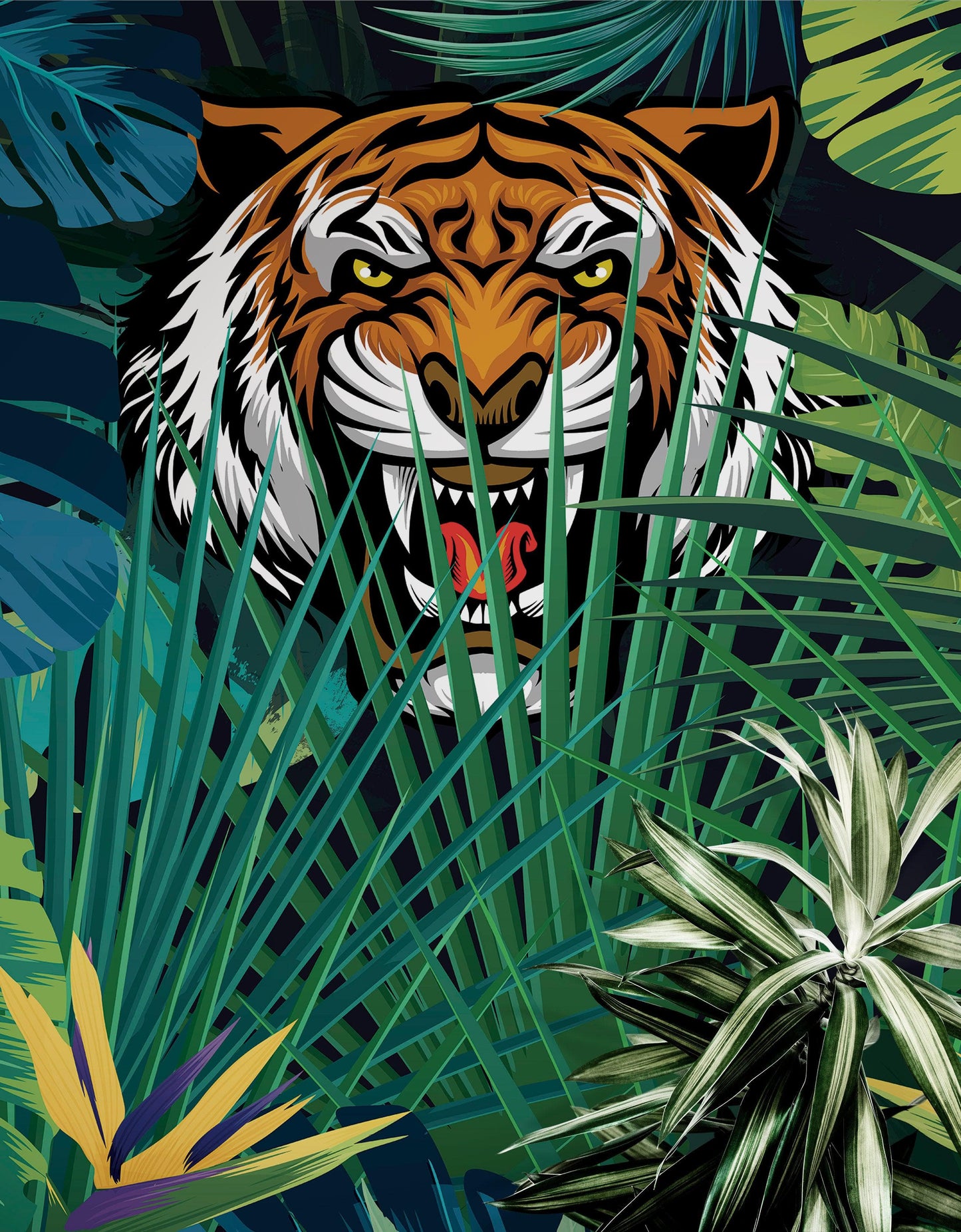 Hidden Tiger Behind Jungle Leaves Wall Mural. Peel and Stick Wallpaper. Safari Wildlife Illustration. #6351