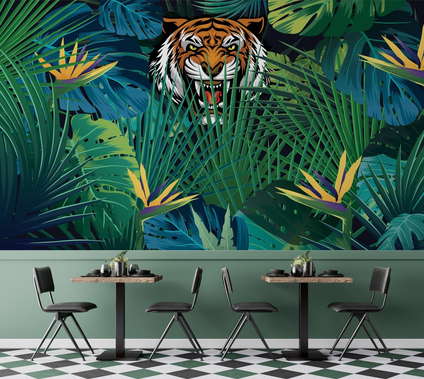 Hidden Tiger Behind Jungle Leaves Wall Mural. Peel and Stick Wallpaper. Safari Wildlife Illustration. #6351