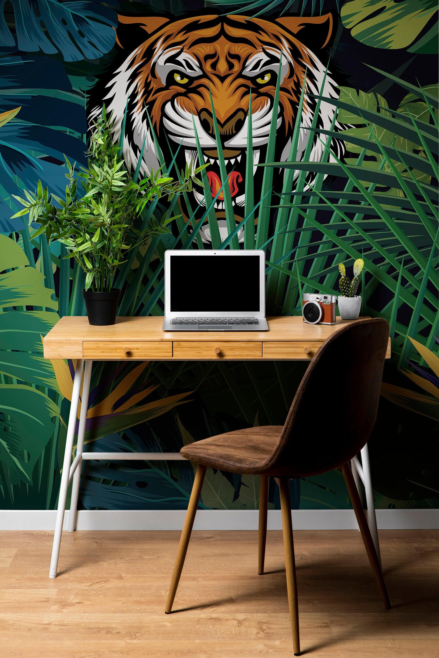 Hidden Tiger Behind Jungle Leaves Wall Mural. Peel and Stick Wallpaper. Safari Wildlife Illustration. #6351